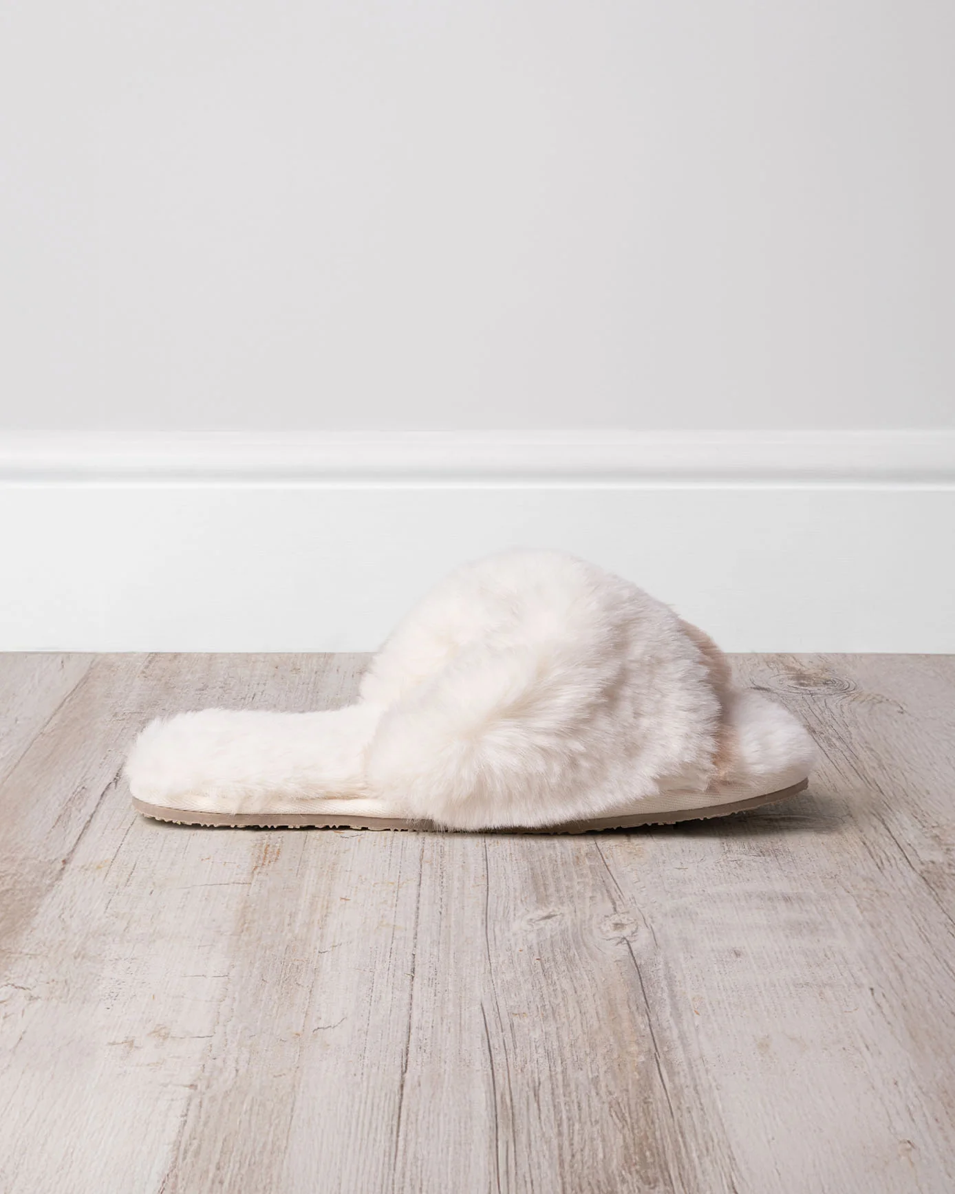Faux Fur Cross-Over Slider Slippers - Cream & Tan - Image 3