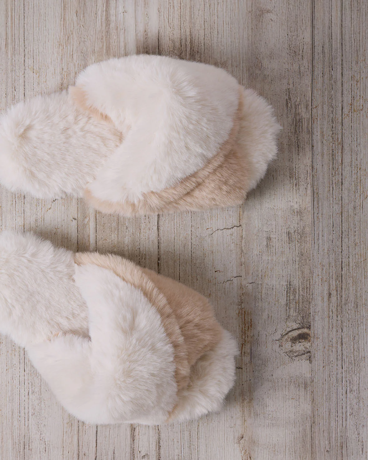 Faux Fur Cross-Over Slider Slippers - Cream & Tan - Image 4