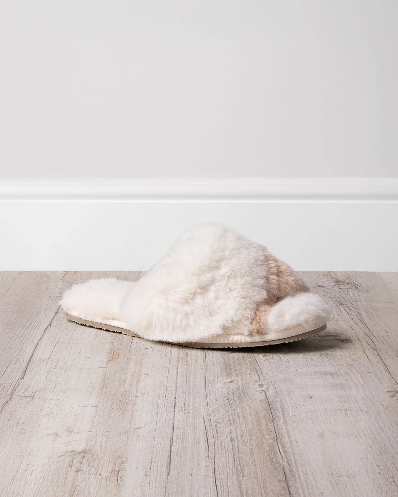 Faux Fur Cross-Over Slider Slippers - Cream & Tan - Image 5