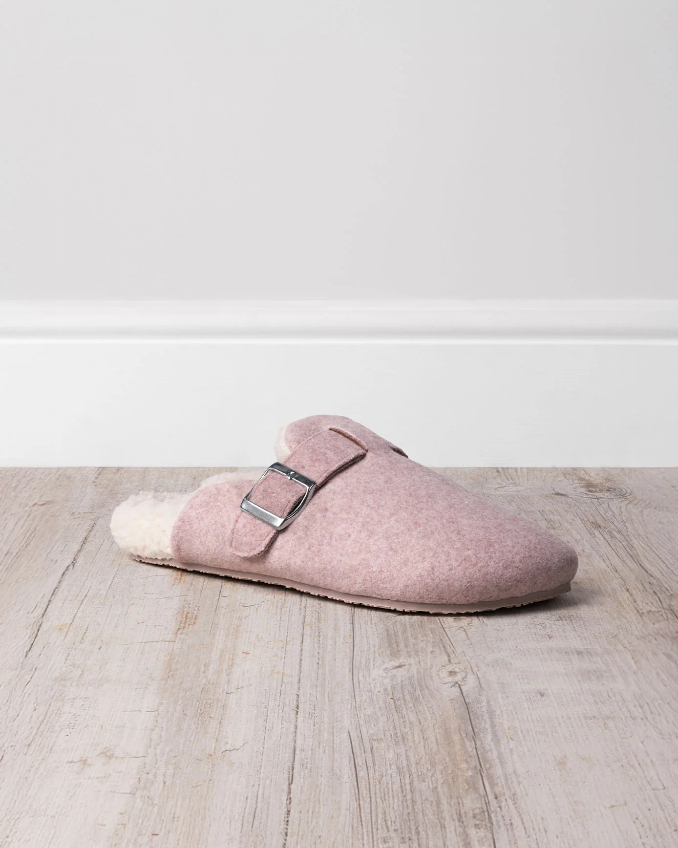 Felt Buckle Detail Shearling Clog Slippers - Pink - Image 3