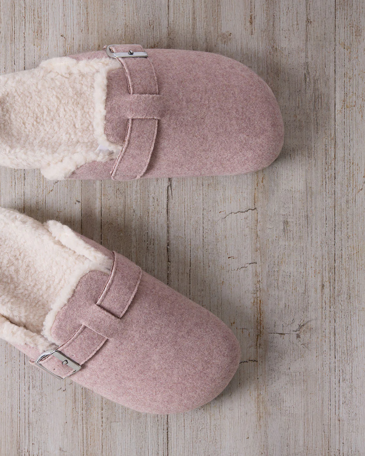 Felt Buckle Detail Shearling Clog Slippers - Pink - Image 4