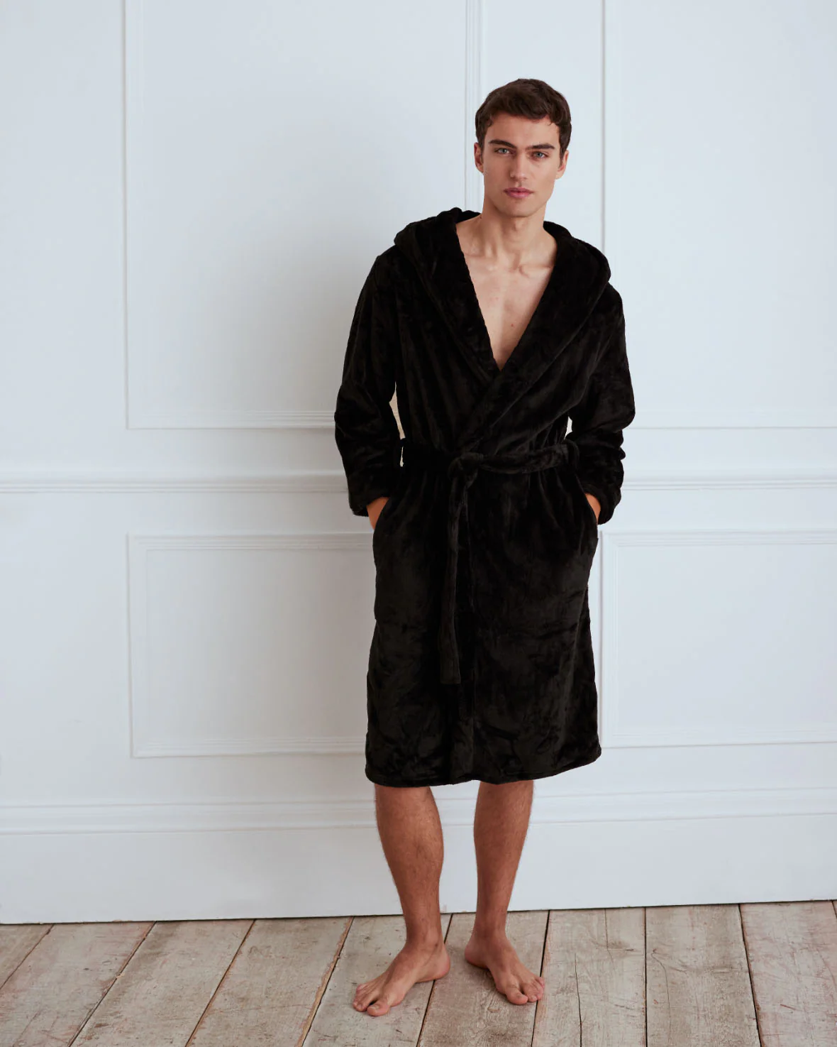 Fleece Hooded Dressing Gown - Black