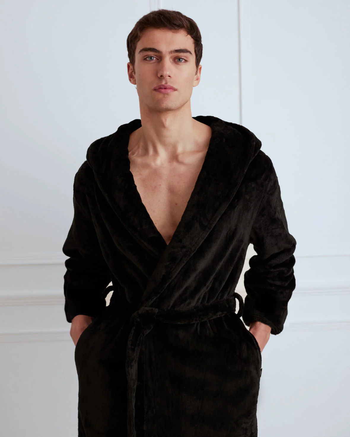 Fleece Hooded Dressing Gown - Black - Image 2