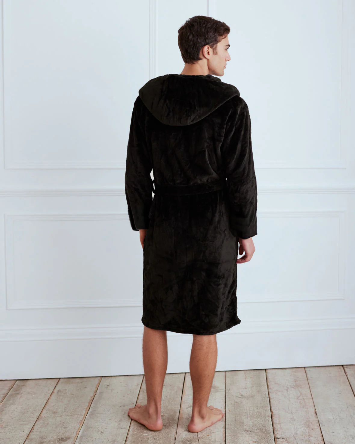 Fleece Hooded Dressing Gown - Black - Image 4