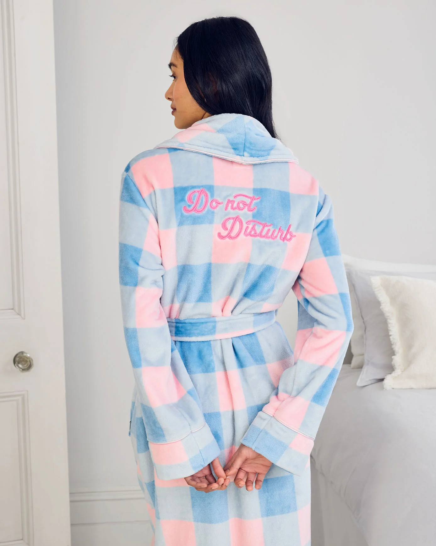 Fleece Embroidered Back Do Not Disturb Check Dressing Gown