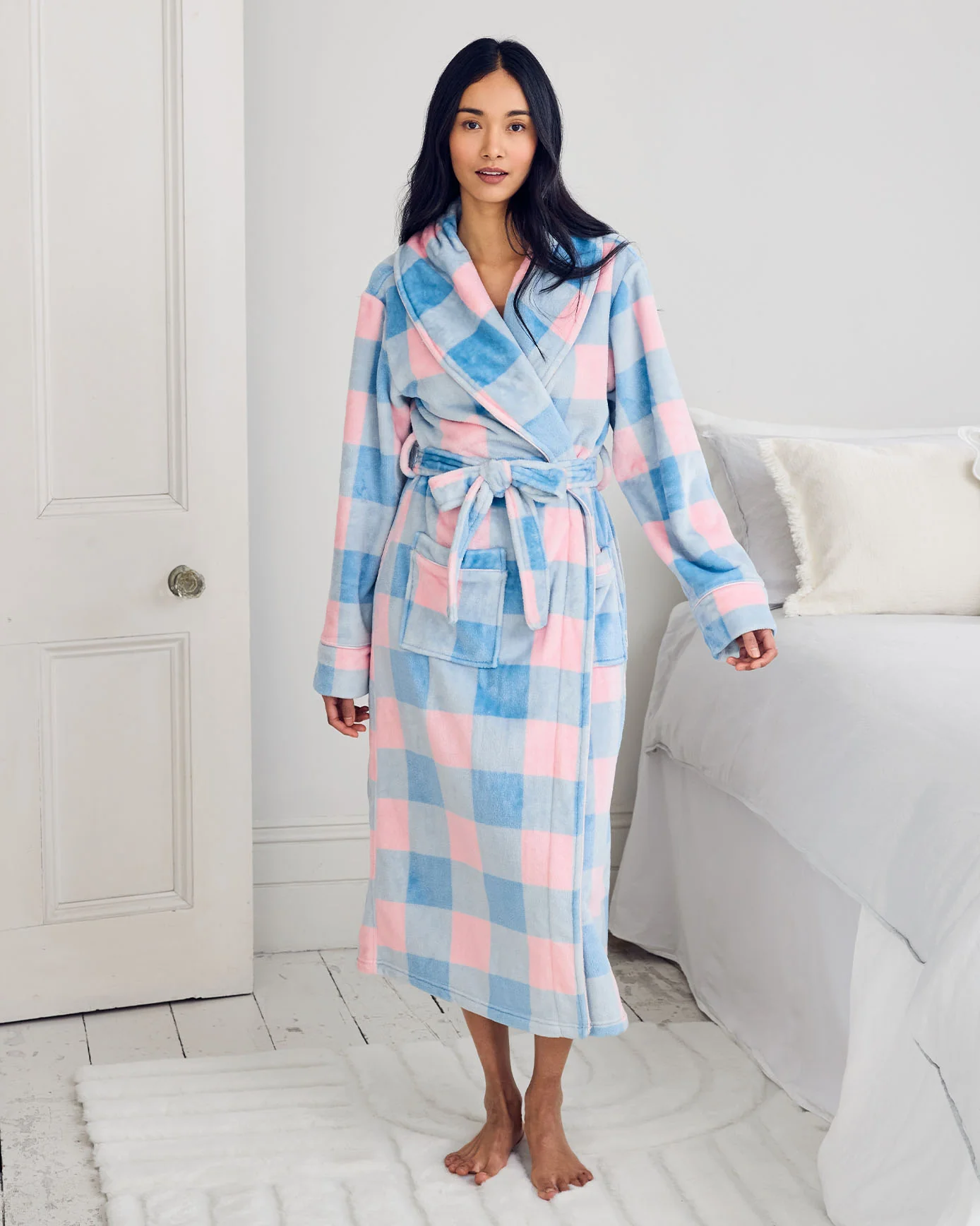 Fleece Embroidered Back Do Not Disturb Check Dressing Gown - Image 2