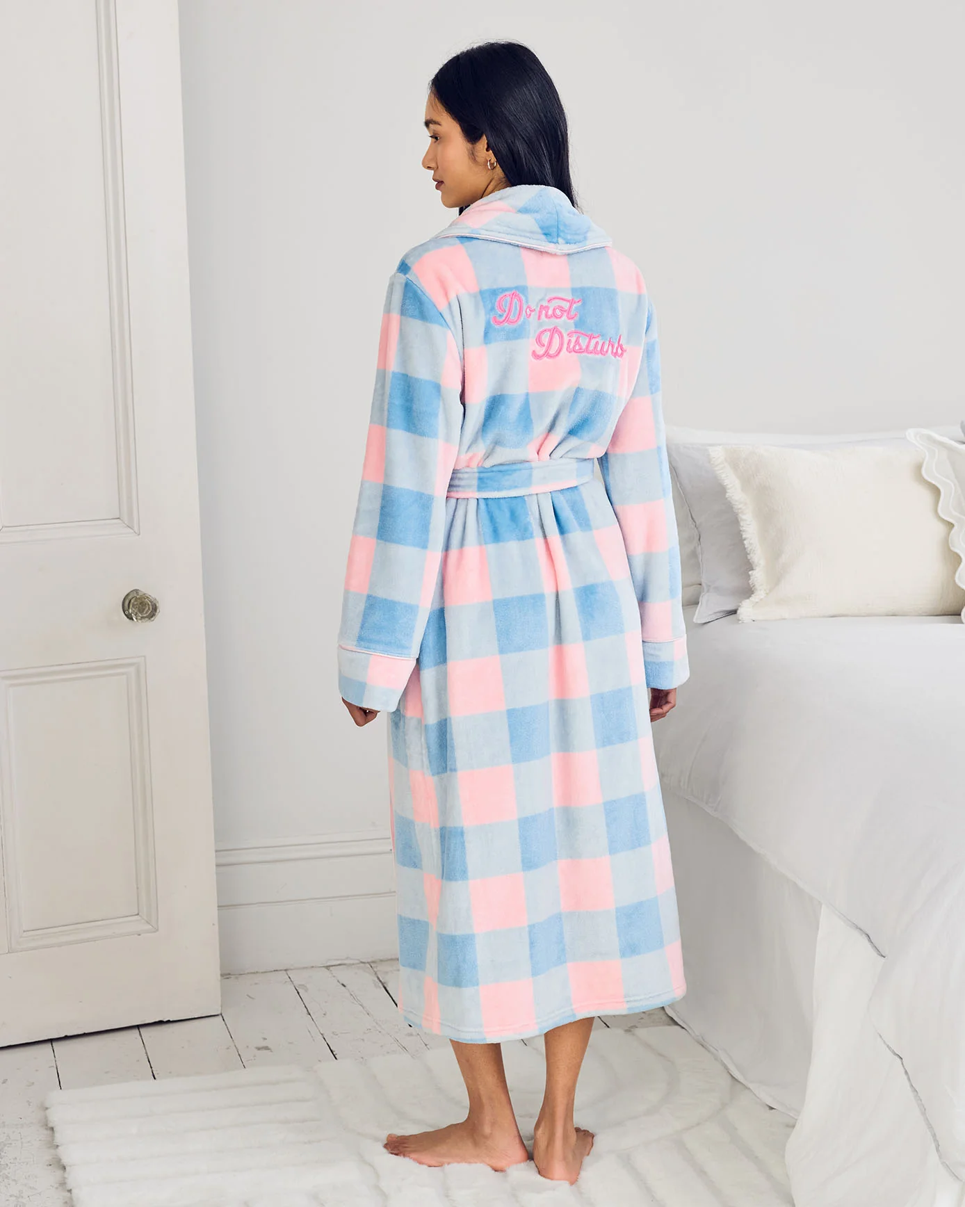 Fleece Embroidered Back Do Not Disturb Check Dressing Gown - Image 4