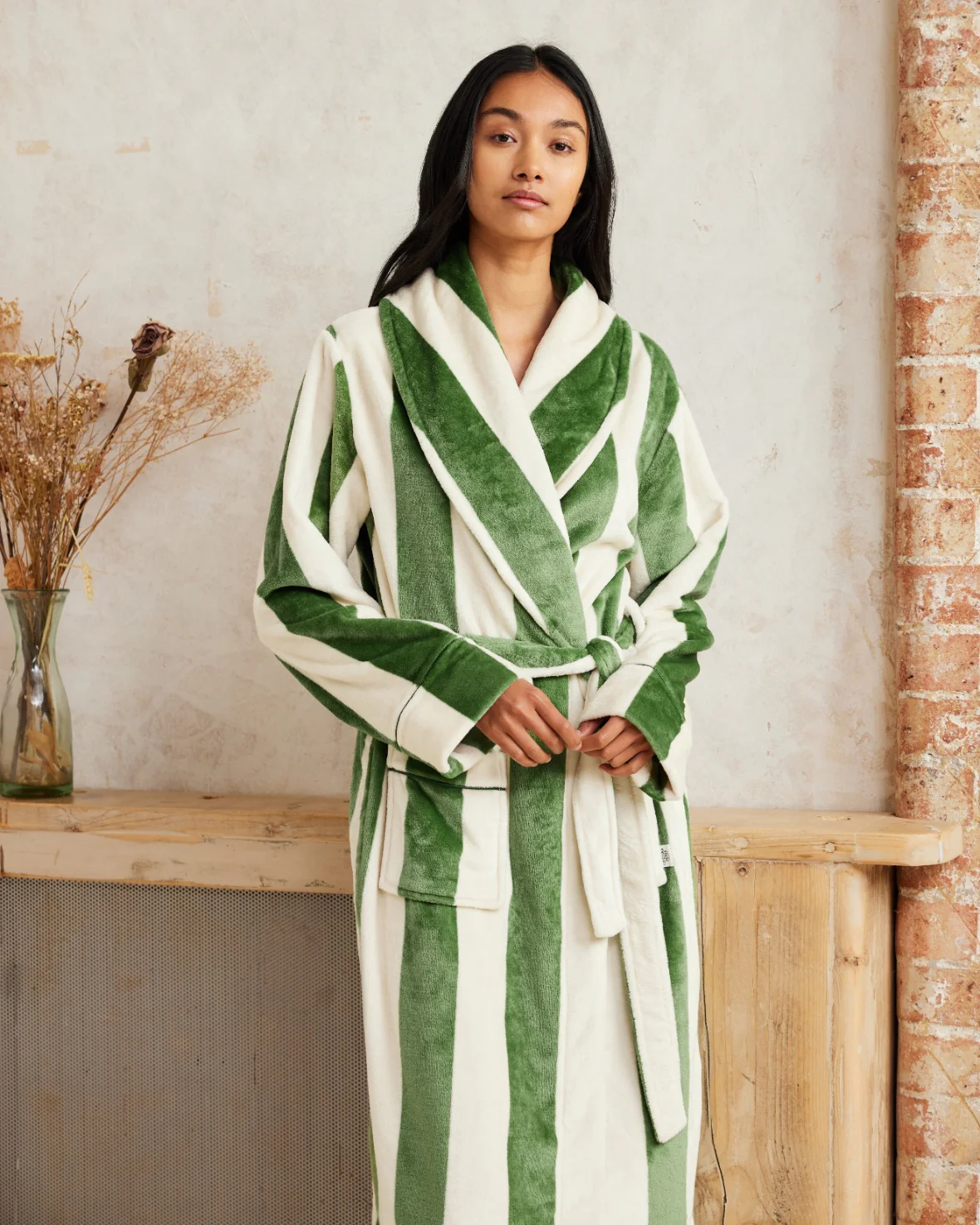 Fleece Stripe Long Dressing Gown - Green - Image 3
