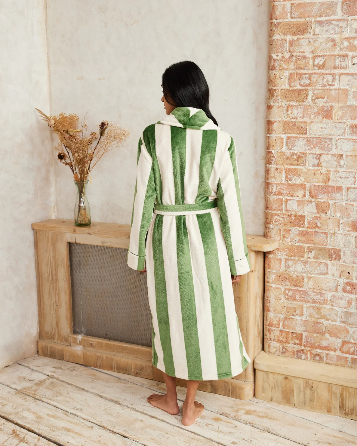 Fleece Stripe Long Dressing Gown - Green - Image 4