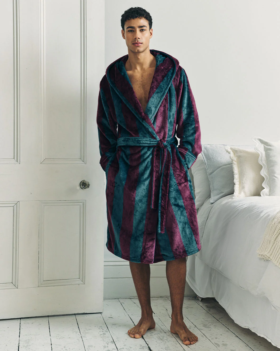 Fleece Stripe Hooded Dressing Gown - Burgundy