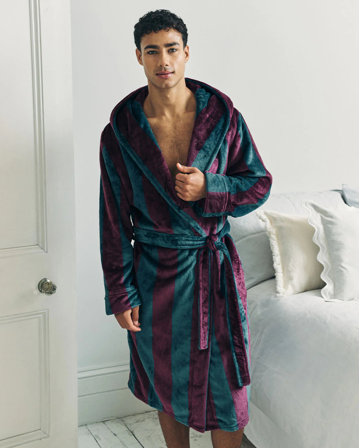 Fleece Stripe Hooded Dressing Gown - Burgundy - Image 3