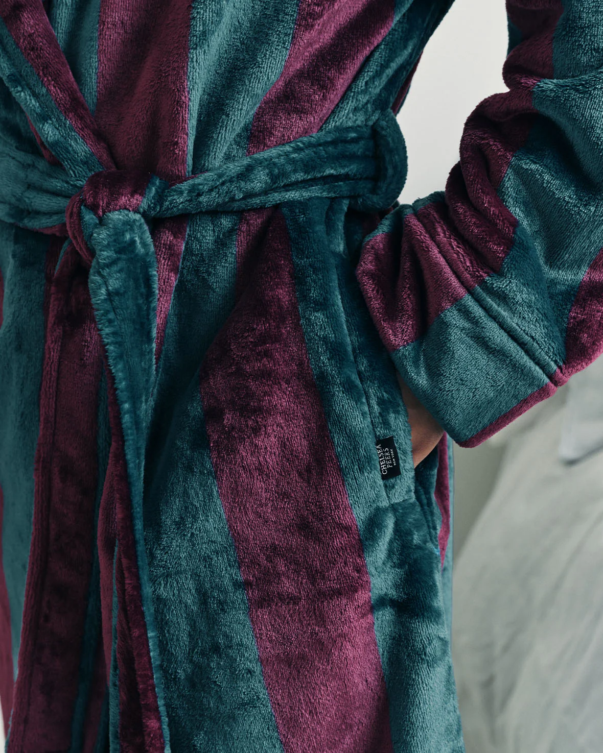 Fleece Stripe Hooded Dressing Gown - Burgundy - Image 4