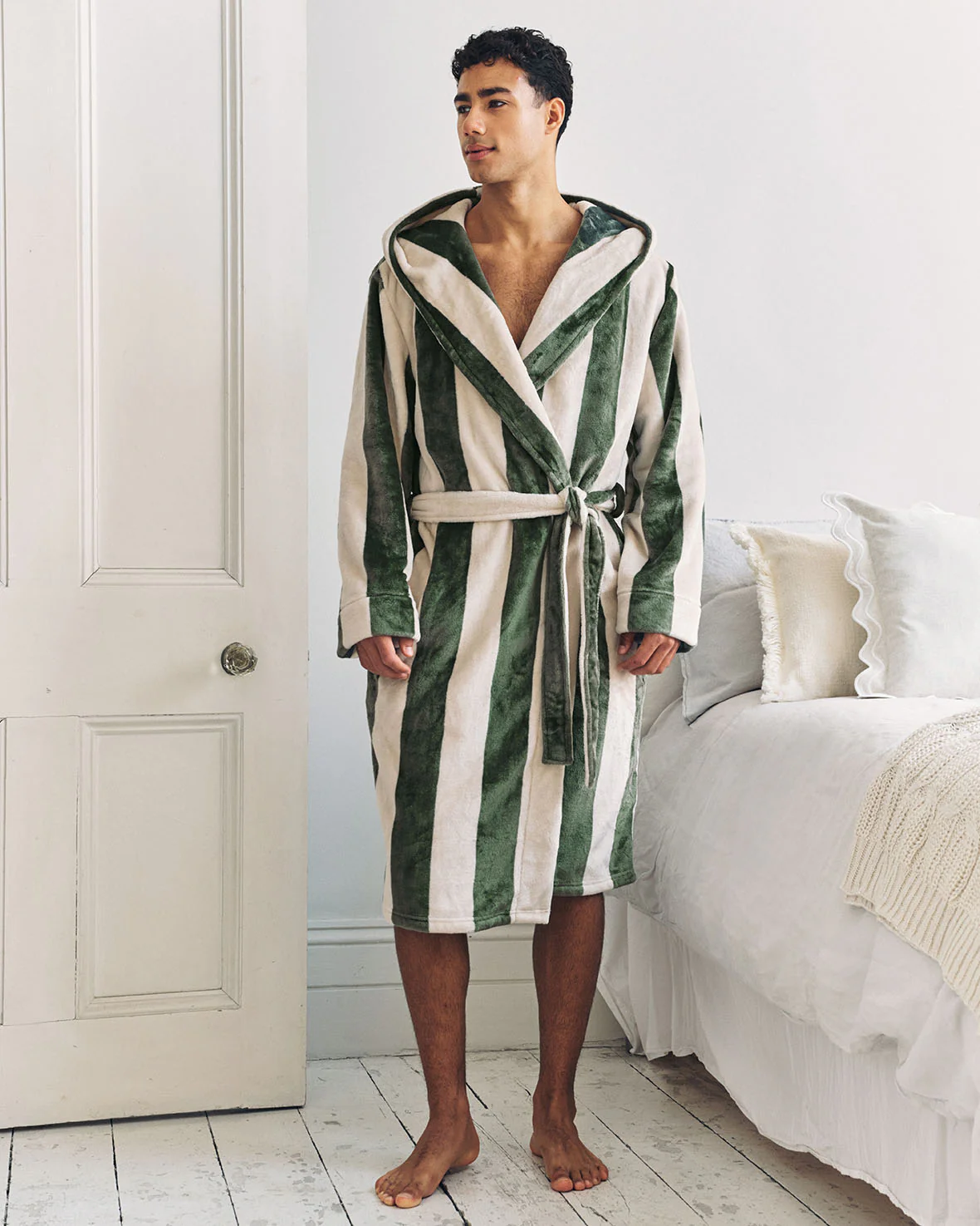 Fleece Stripe Hooded Dressing Gown - Khaki