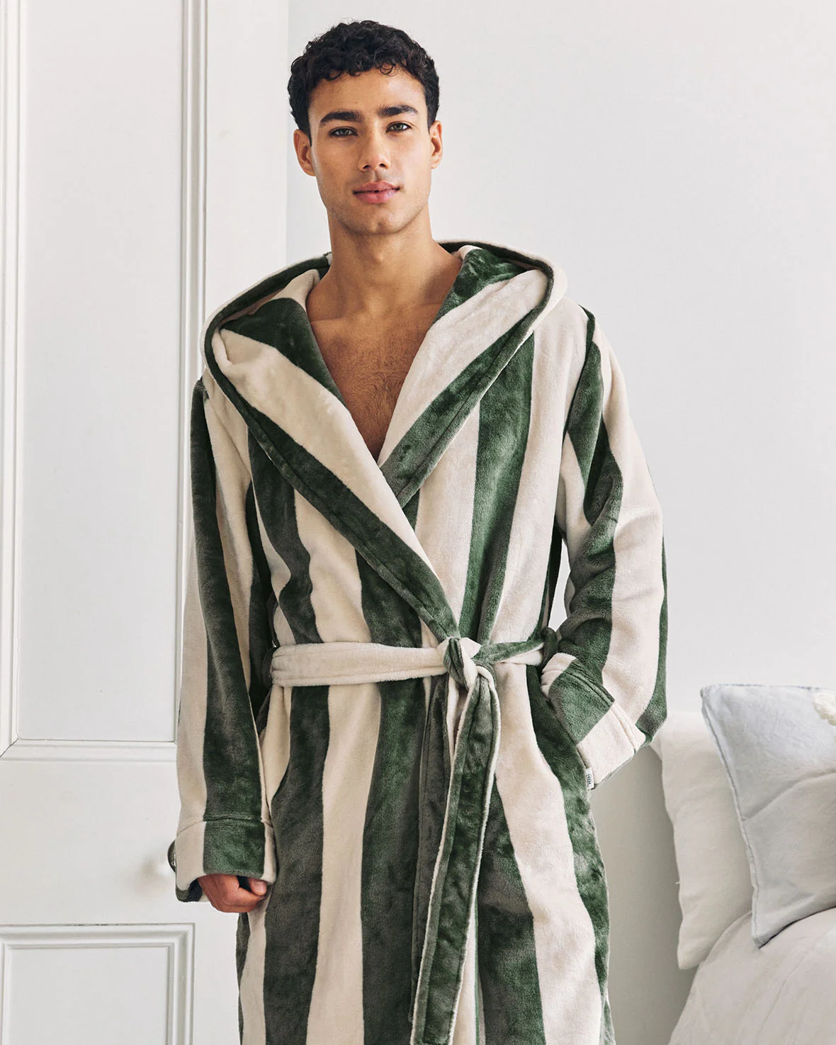 Fleece Stripe Hooded Dressing Gown - Khaki - Image 2