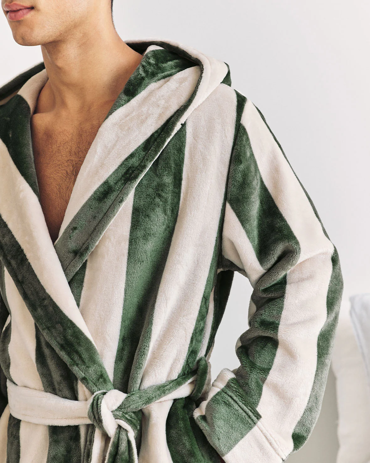 Fleece Stripe Hooded Dressing Gown - Khaki - Image 4