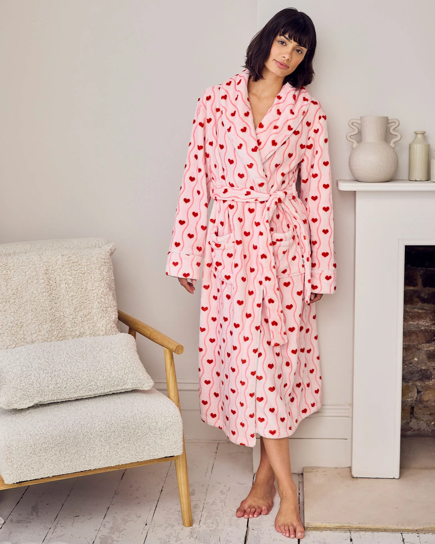 Fleece Wavy Stripe Heart Print Long Dressing Gown