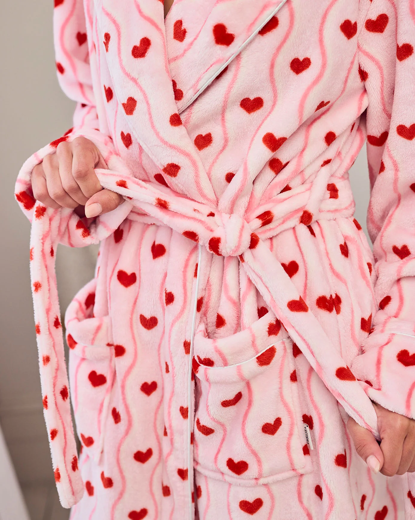 Fleece Wavy Stripe Heart Print Long Dressing Gown - Image 3