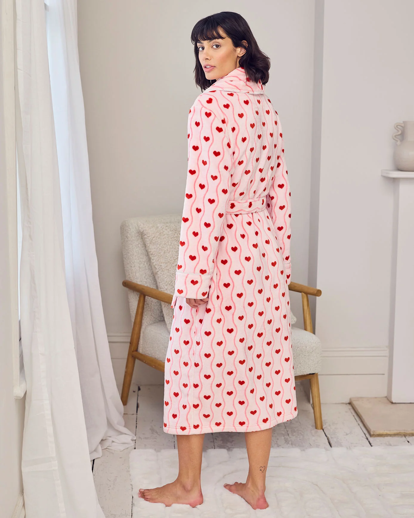 Fleece Wavy Stripe Heart Print Long Dressing Gown - Image 5