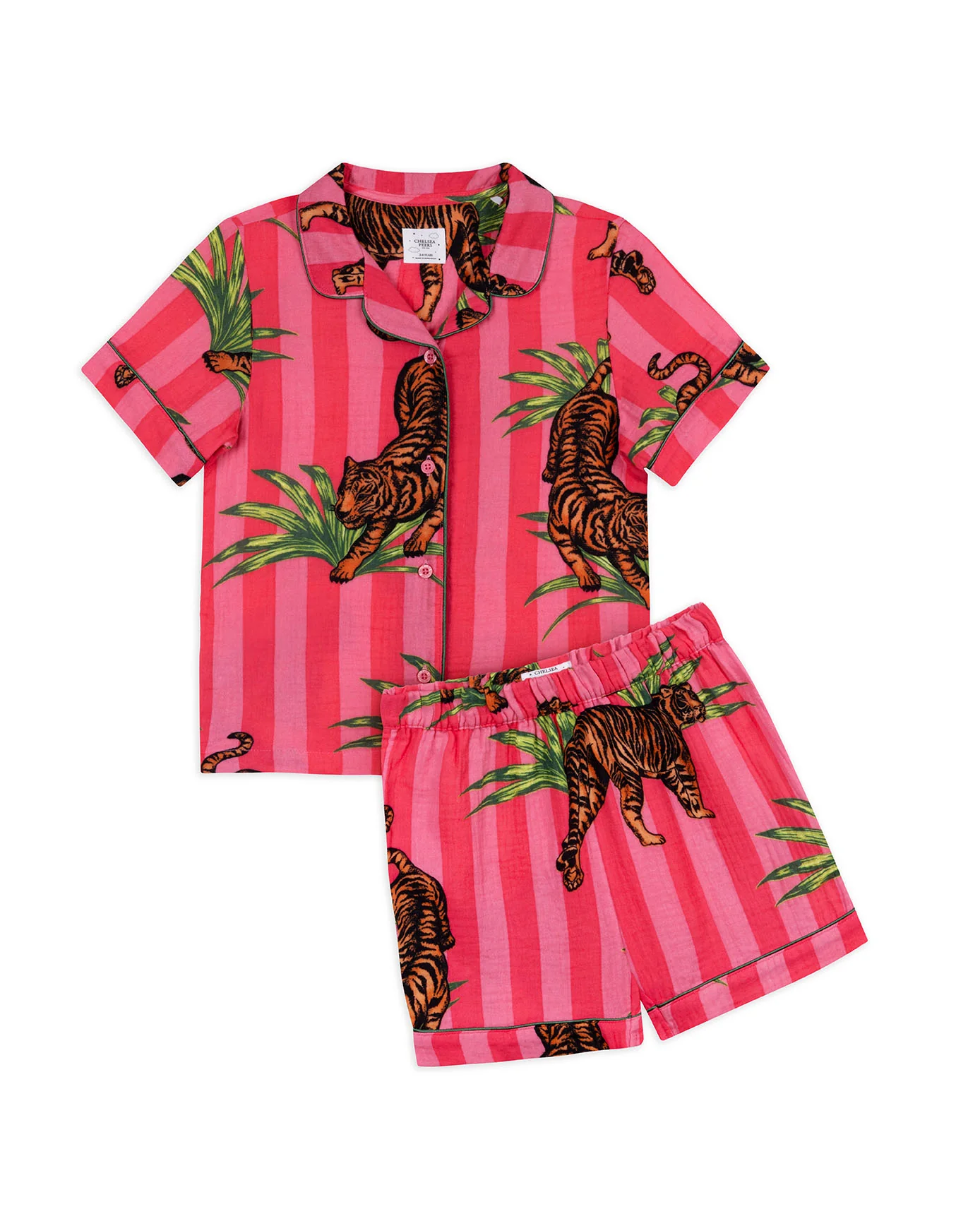 Kids Organic Cotton Cheesecloth Leaf Tiger Stripe Print Short Pyjama Set - Image 4