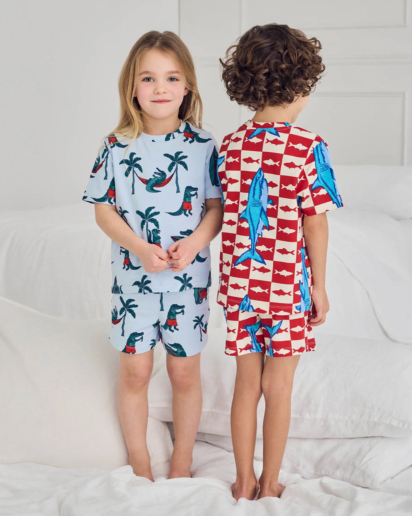 Kids Two Pack Organic Cotton Checkerboard Shark / Surfing Crocodile Print Short Pyjama Set - Image 3