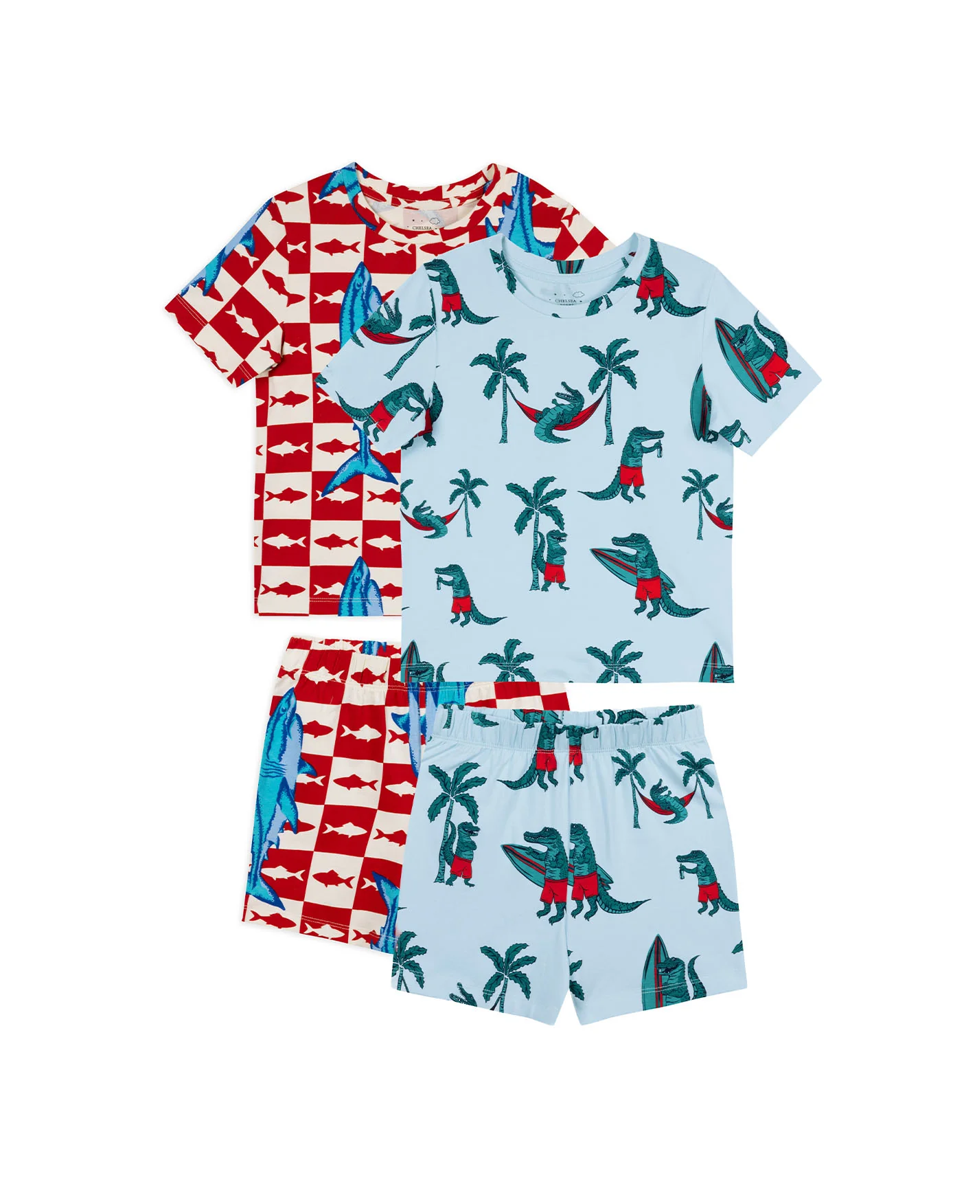 Kids Two Pack Organic Cotton Checkerboard Shark / Surfing Crocodile Print Short Pyjama Set - Image 5