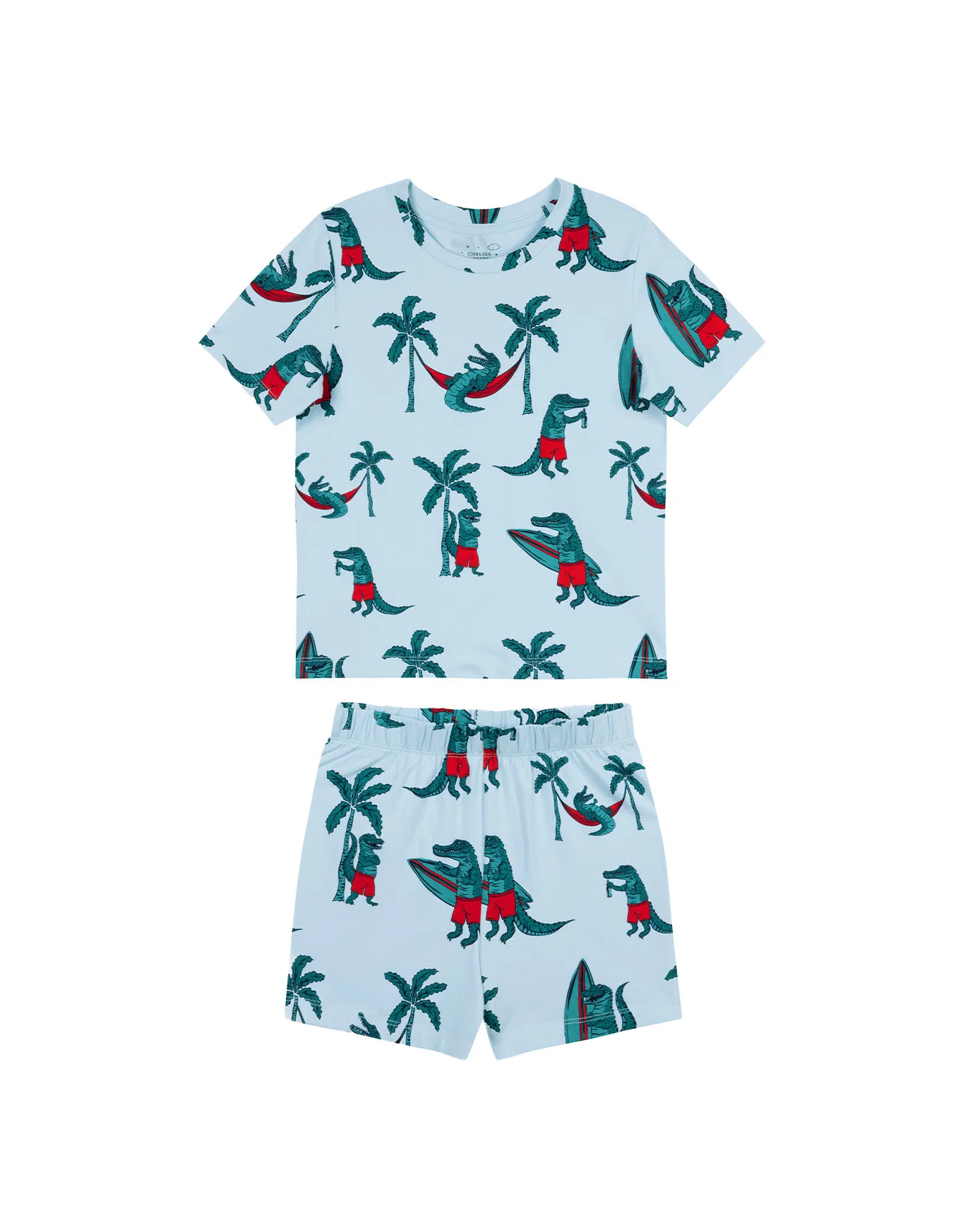 Kids Two Pack Organic Cotton Checkerboard Shark / Surfing Crocodile Print Short Pyjama Set - Image 7