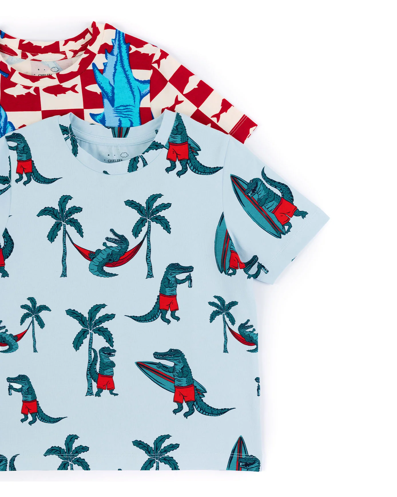 Kids Two Pack Organic Cotton Checkerboard Shark / Surfing Crocodile Print Short Pyjama Set - Image 8