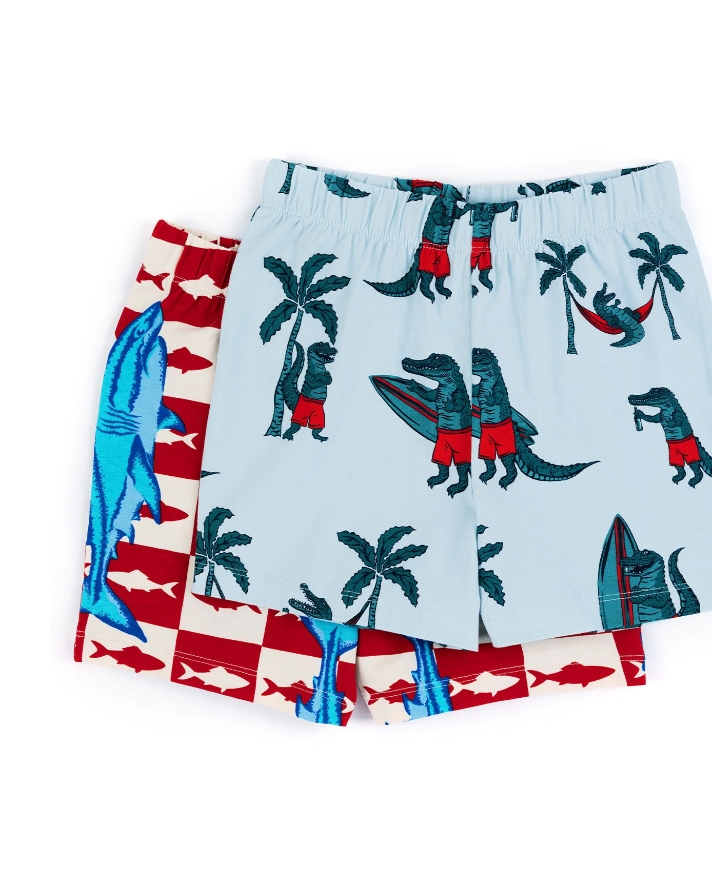 Kids Two Pack Organic Cotton Checkerboard Shark / Surfing Crocodile Print Short Pyjama Set - Image 9