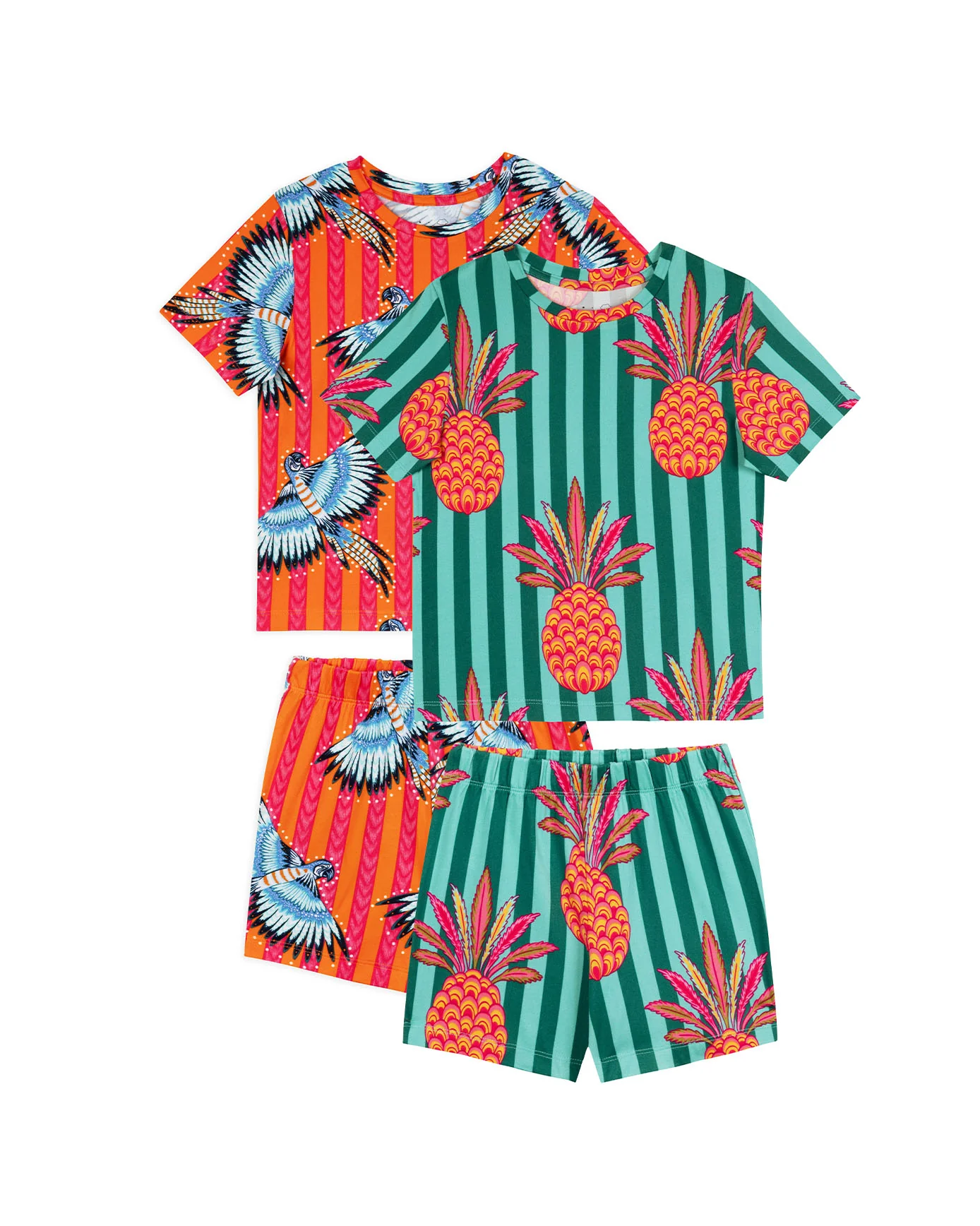 Kids Two Pack Parrot Stripe / Pineapple Stripe Print Short Pyjama Set - Image 5