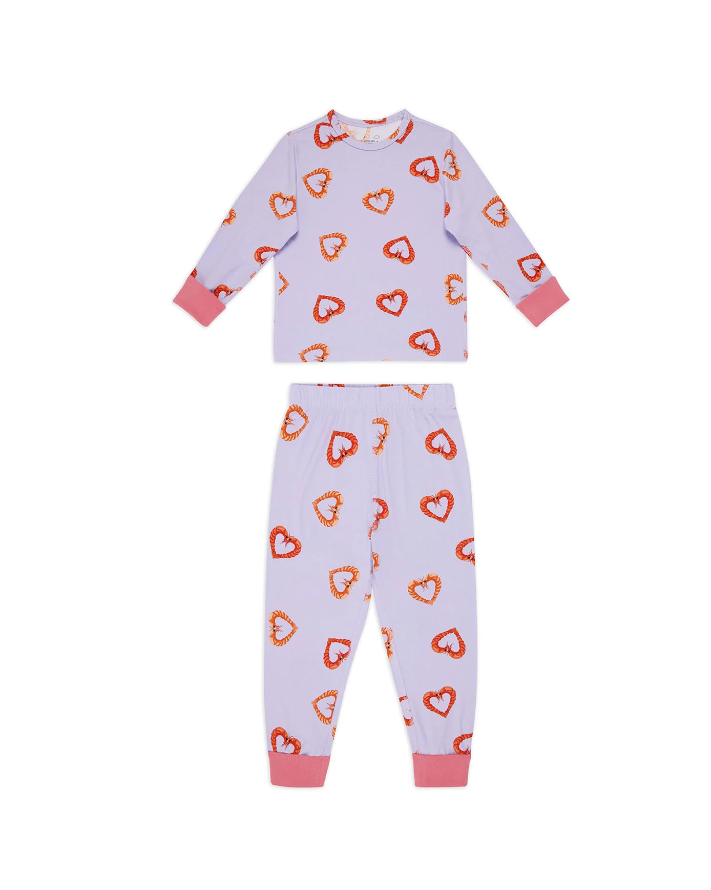 Kids Two Pack Pasta Stripe / Shrimp Heart Print Long Pyjama Sets - Image 3