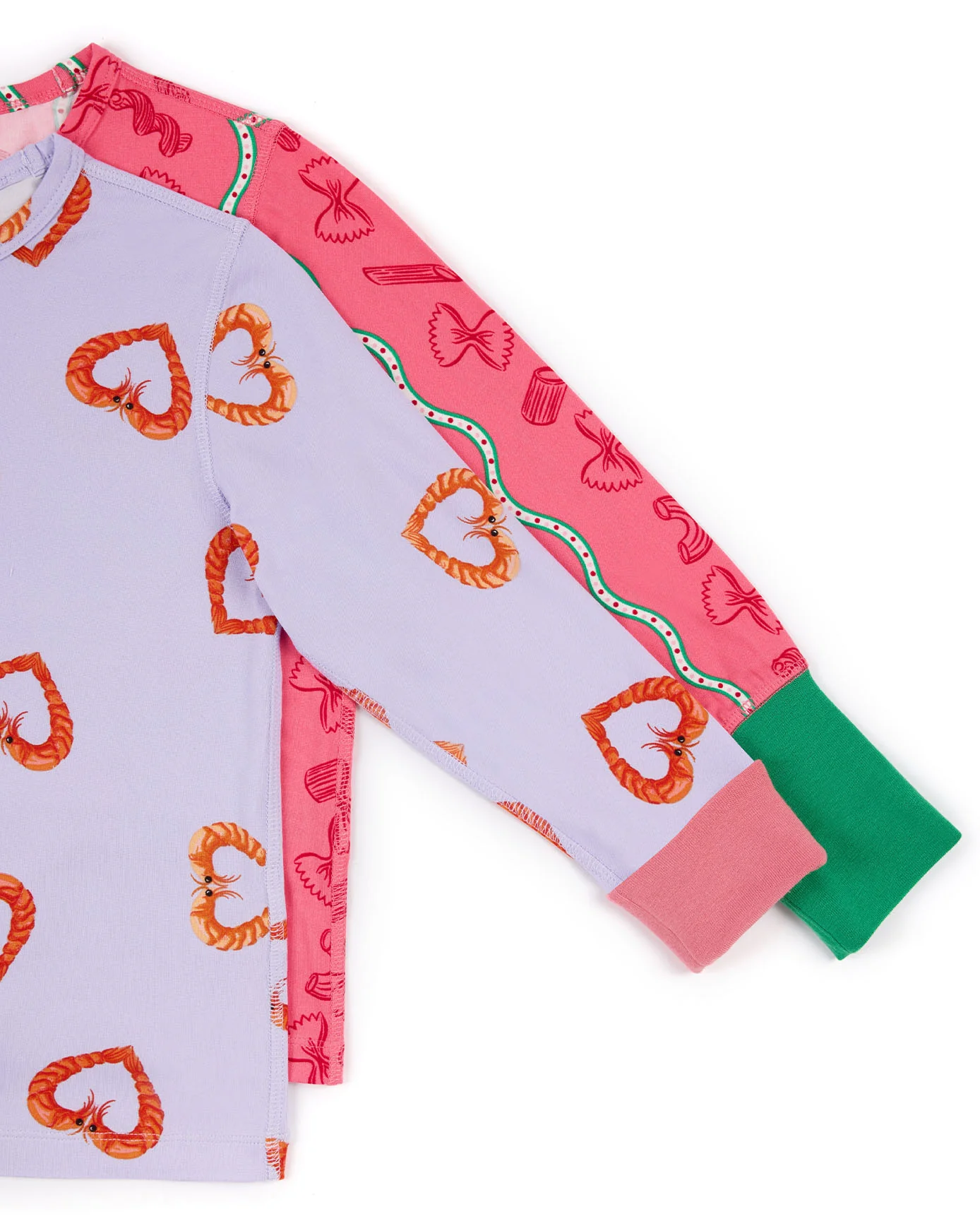 Kids Two Pack Pasta Stripe / Shrimp Heart Print Long Pyjama Sets - Image 4