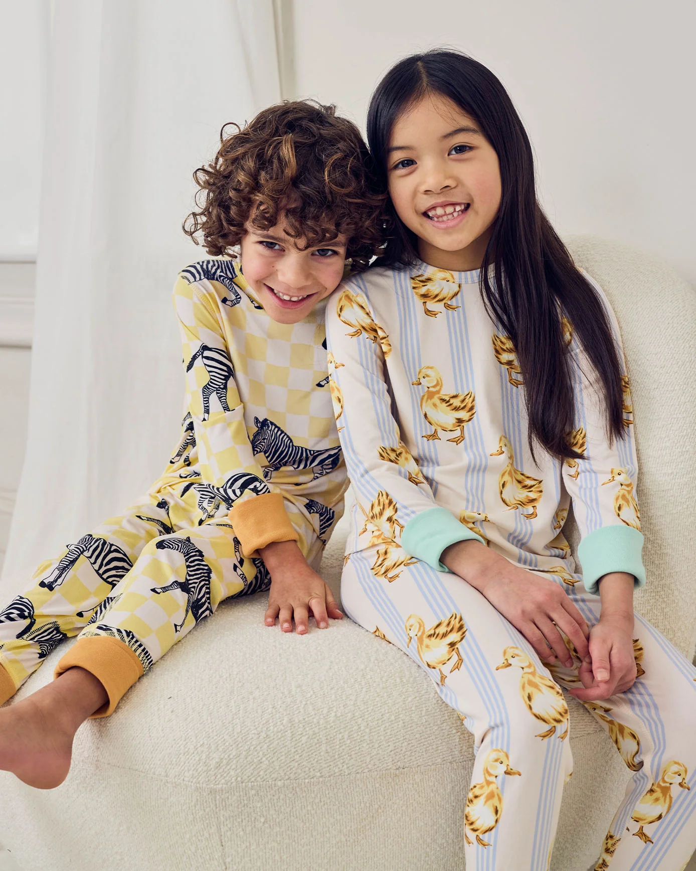 Kids Two Pack Zebra Checkerboard /Fluffy Ducklings Stripe Print Long Pyjama Set - Image 2