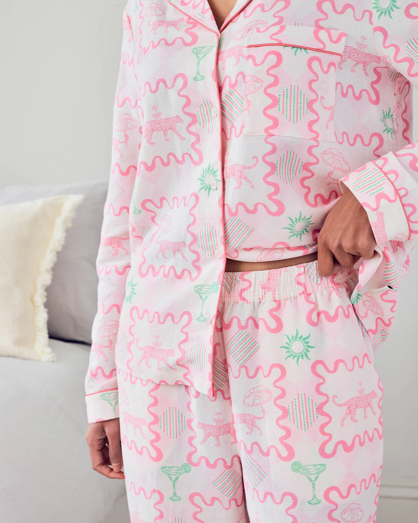 Linen-Blend Cocktail Leopard Geo Print Long Pyjama Set - Image 3