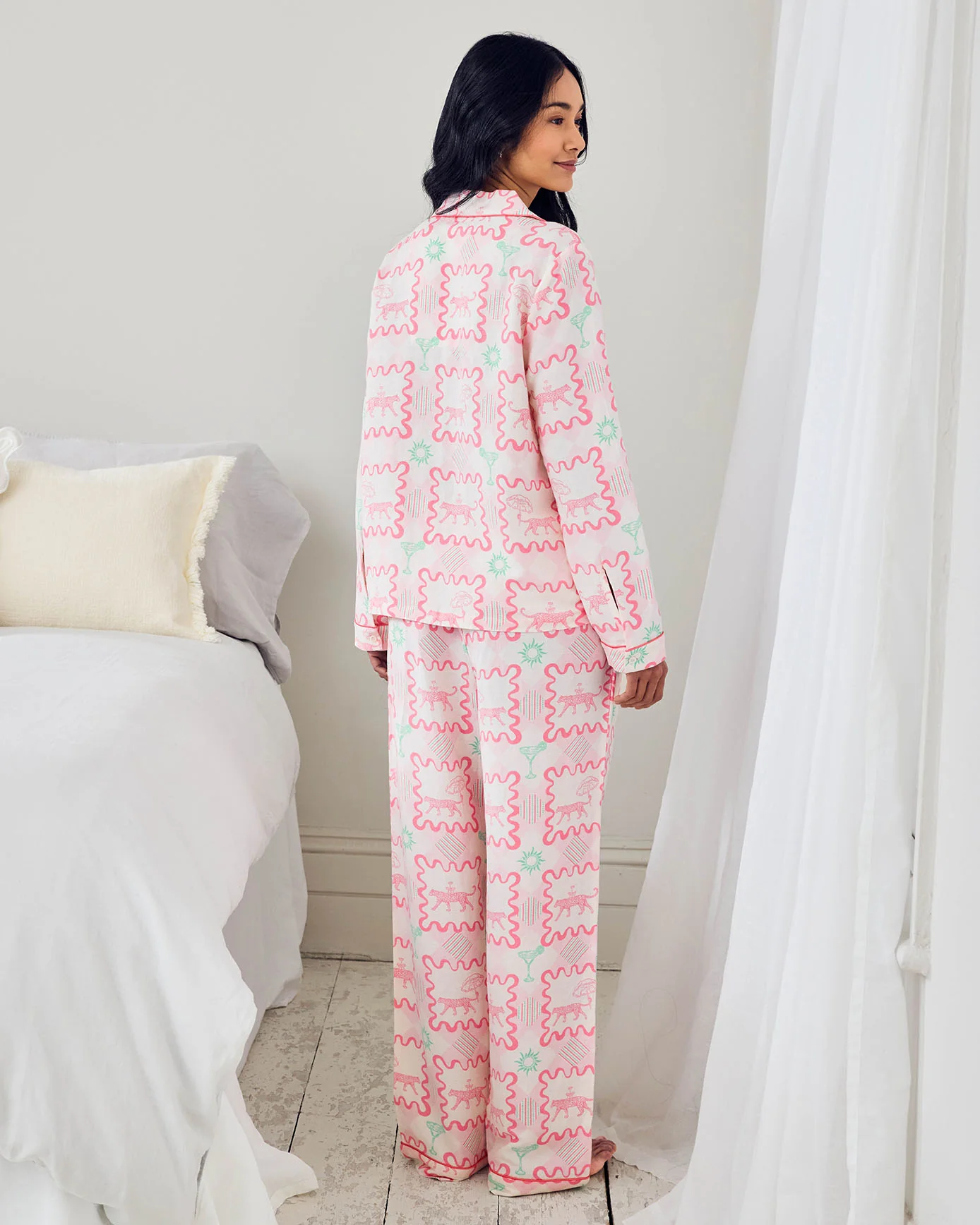 Linen-Blend Cocktail Leopard Geo Print Long Pyjama Set - Image 4