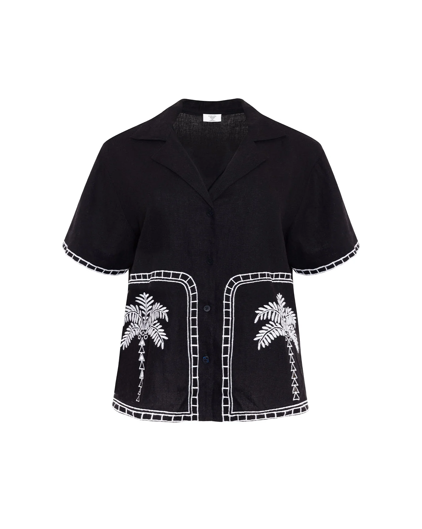 Linen-Blend Embroidered Short Sleeve Shirt - Black - Image 5