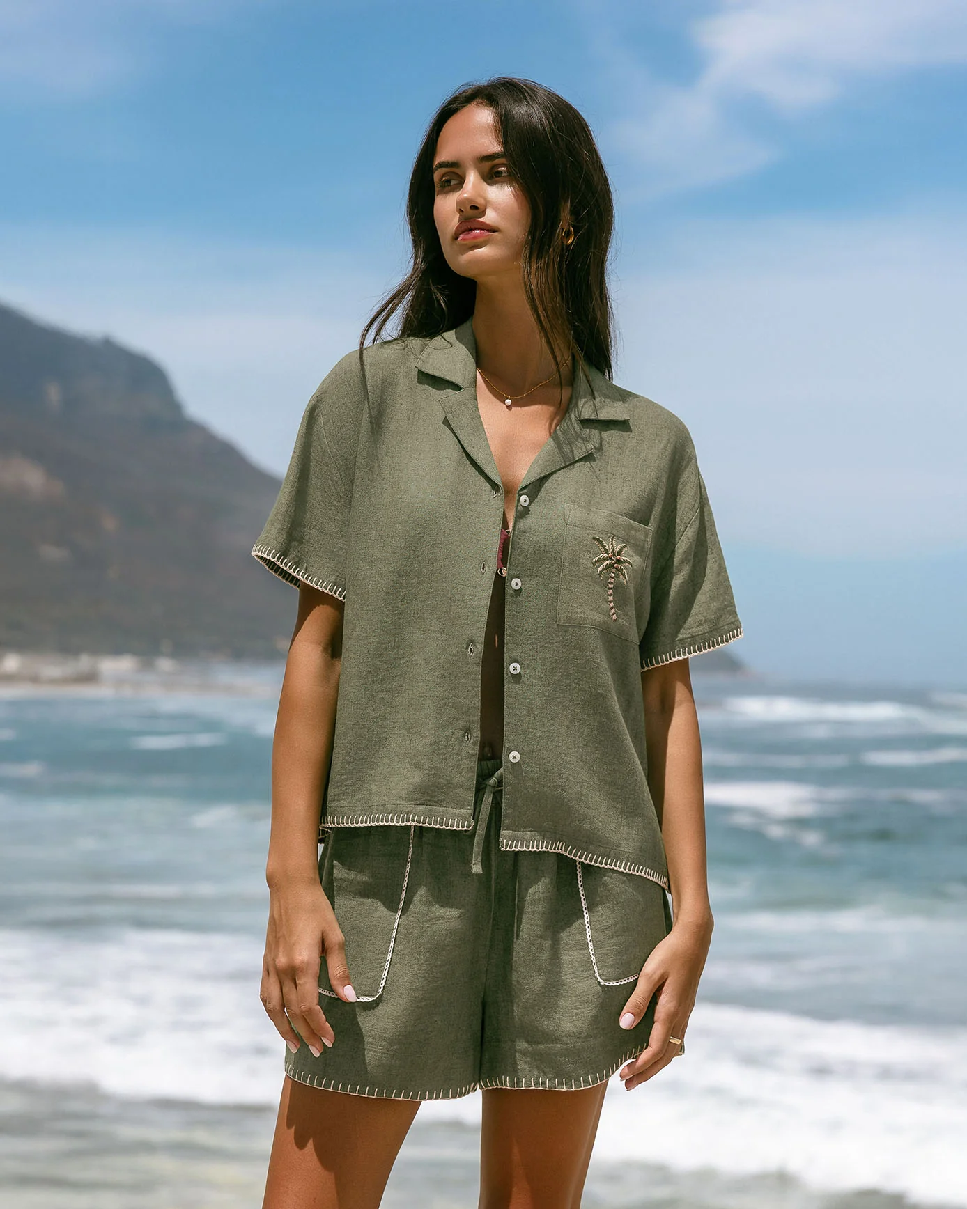 Linen-Blend Embroidered Short Sleeve Shirt - Khaki - Image 4