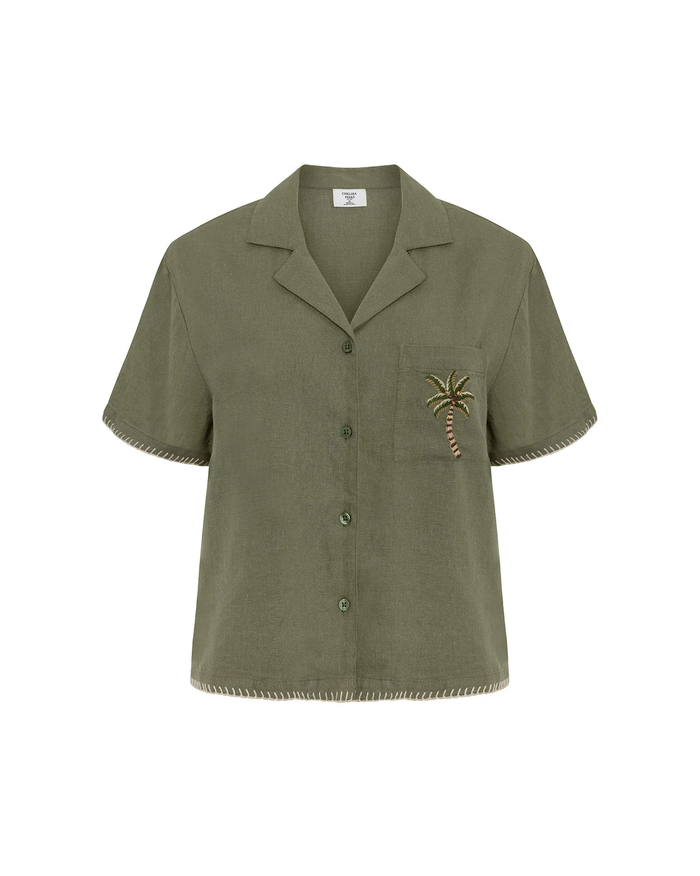 Linen-Blend Embroidered Short Sleeve Shirt - Khaki - Image 5
