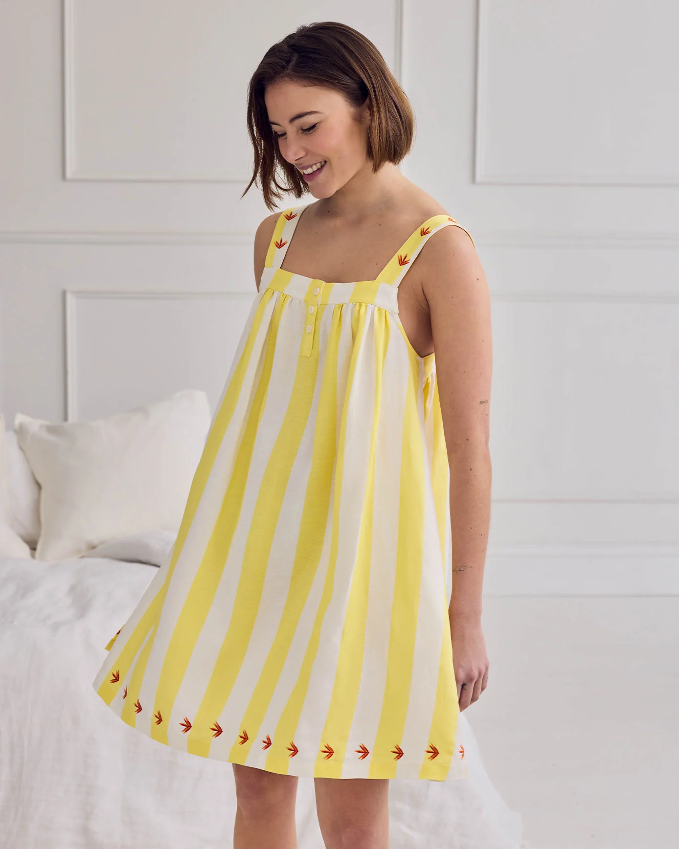 Linen Blend Embroidered Stripe Cami Nightshirt