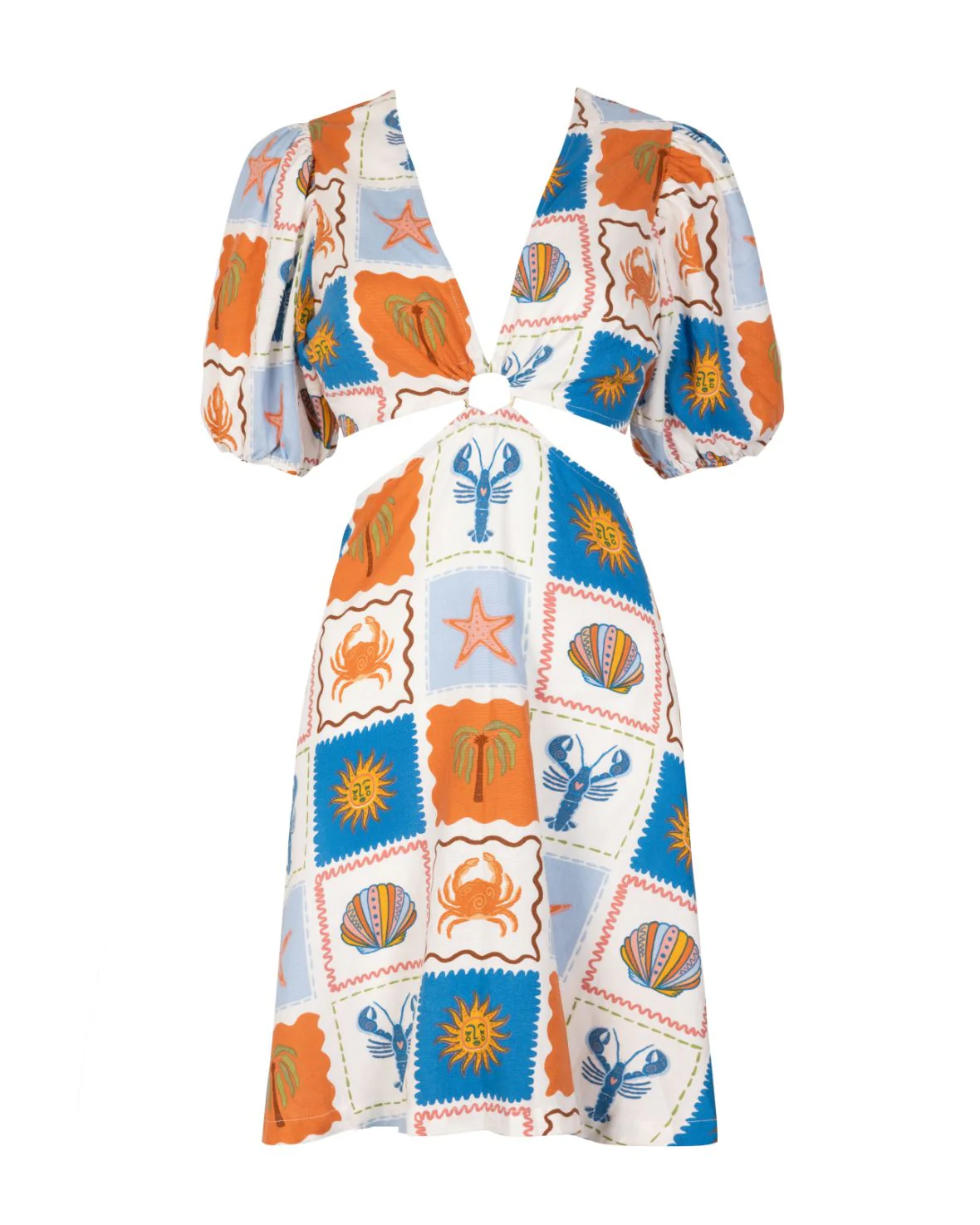 Linen-Blend Patchwork Beach Print Puff Sleeve Mini Dress - Image 4