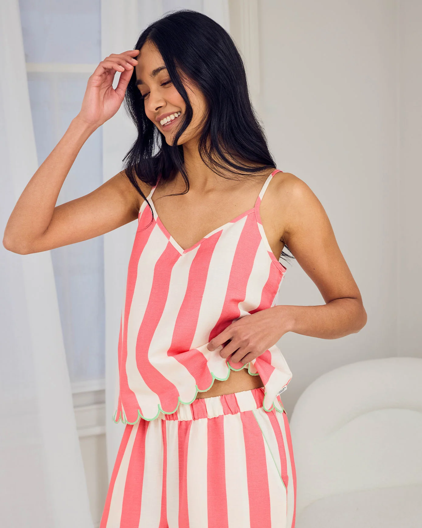 Linen Blend Scallop Edge Stripe Long Pyjama Set - Pink - Image 3