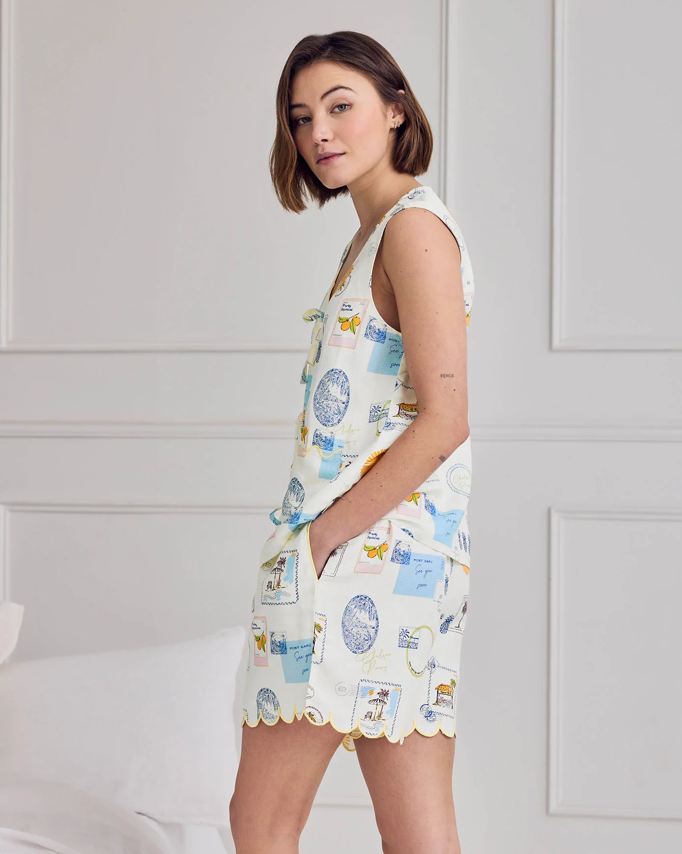 Linen Blend Scallop Edge Tie Front Scenic Stamps Print Short Pyjama Set - Image 6