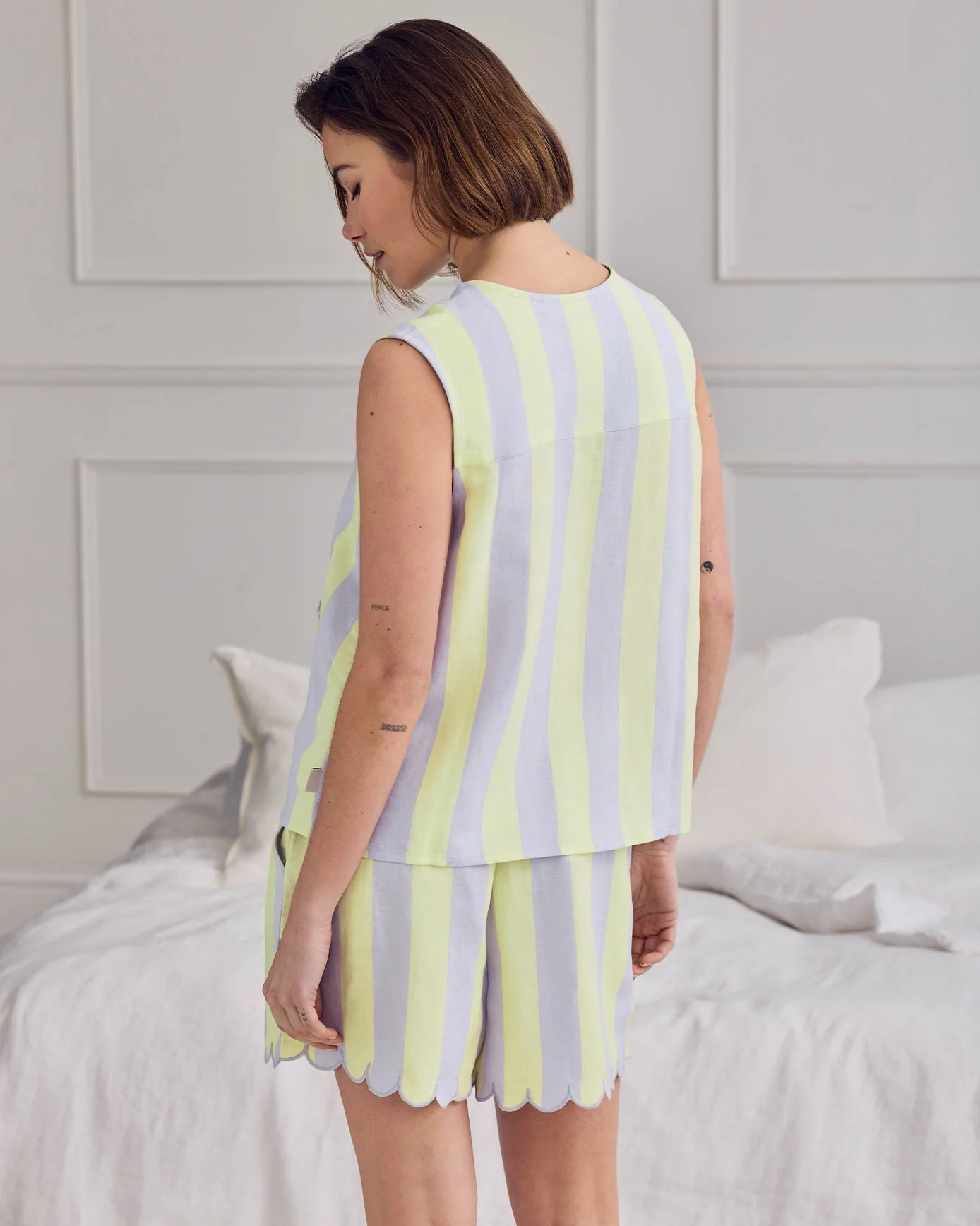 Linen Blend Scallop Edge Tie-Front Stripe Cami Short Pyjama Set - Lilac - Image 4
