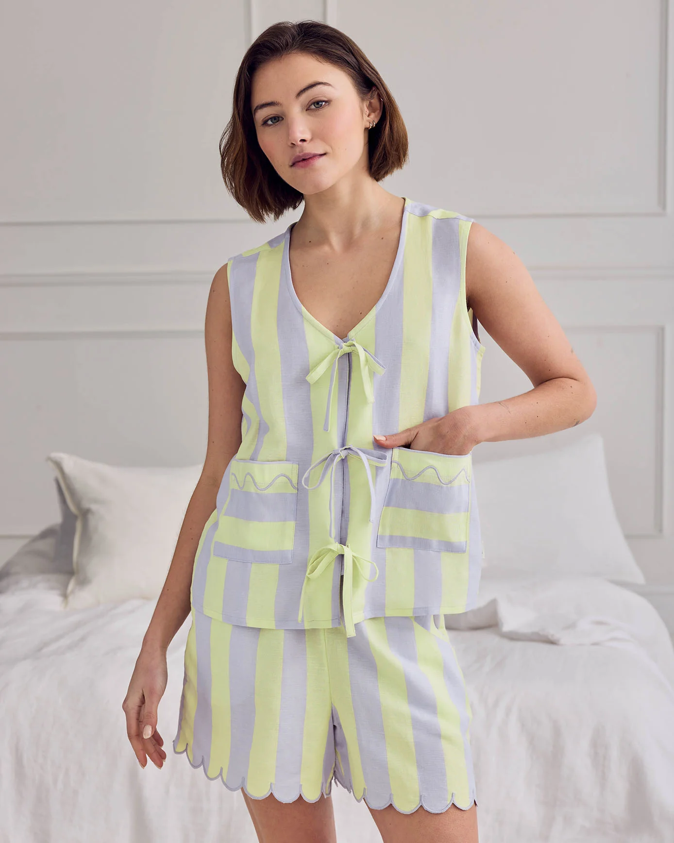Linen Blend Scallop Edge Tie-Front Stripe Cami Short Pyjama Set - Lilac - Image 5
