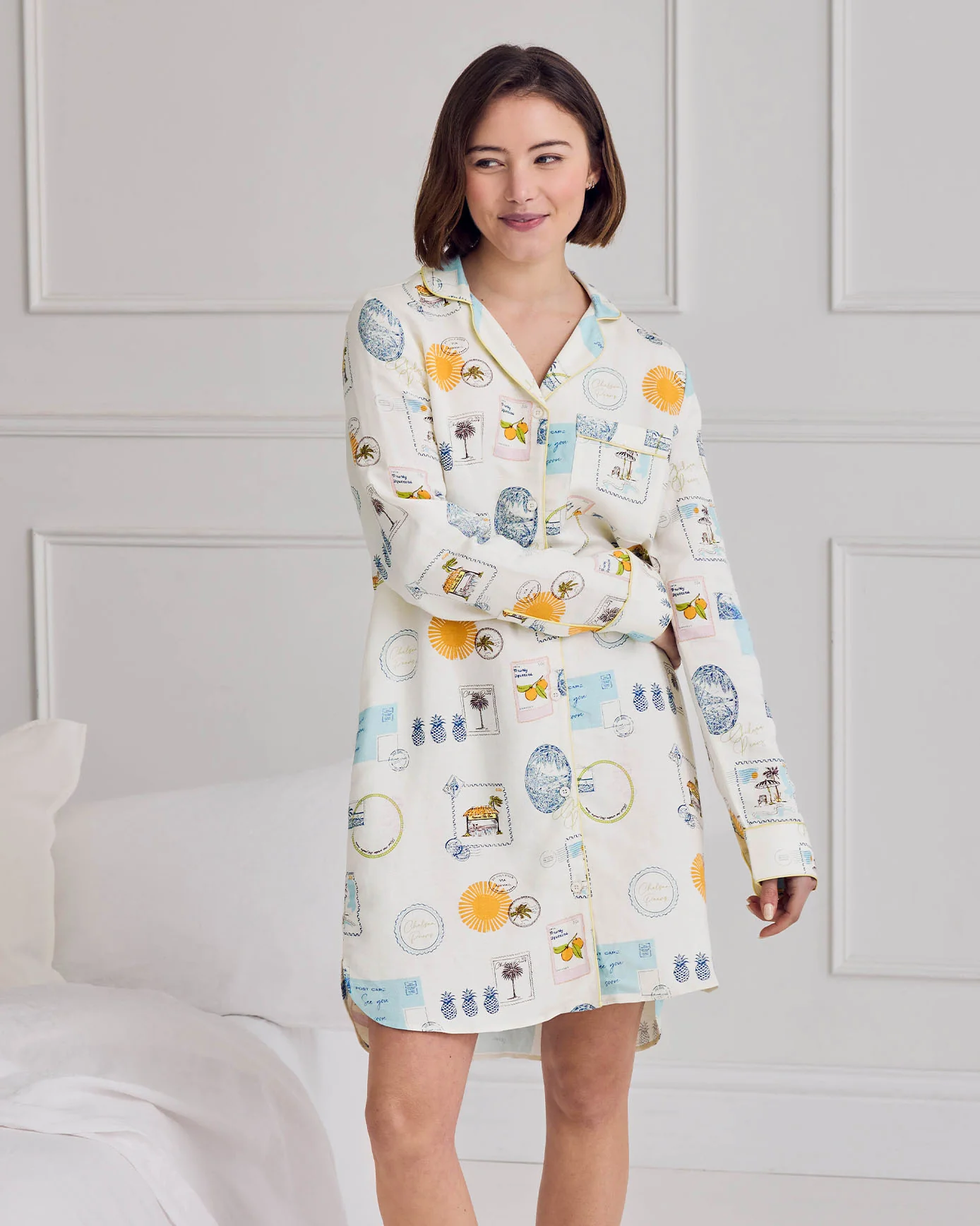 Linen Blend Scenic Stamps Print Nightshirt