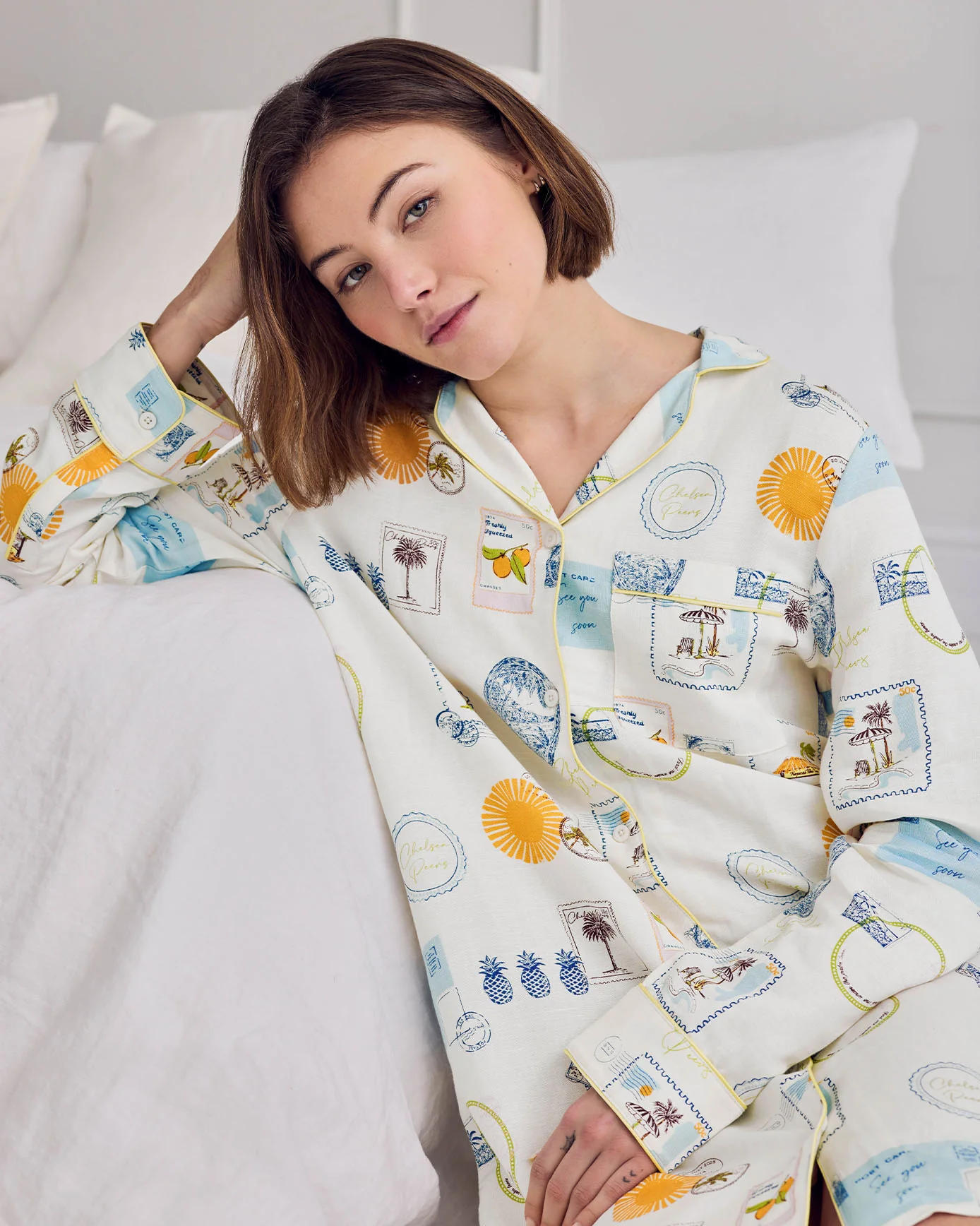 Linen Blend Scenic Stamps Print Nightshirt - Image 3