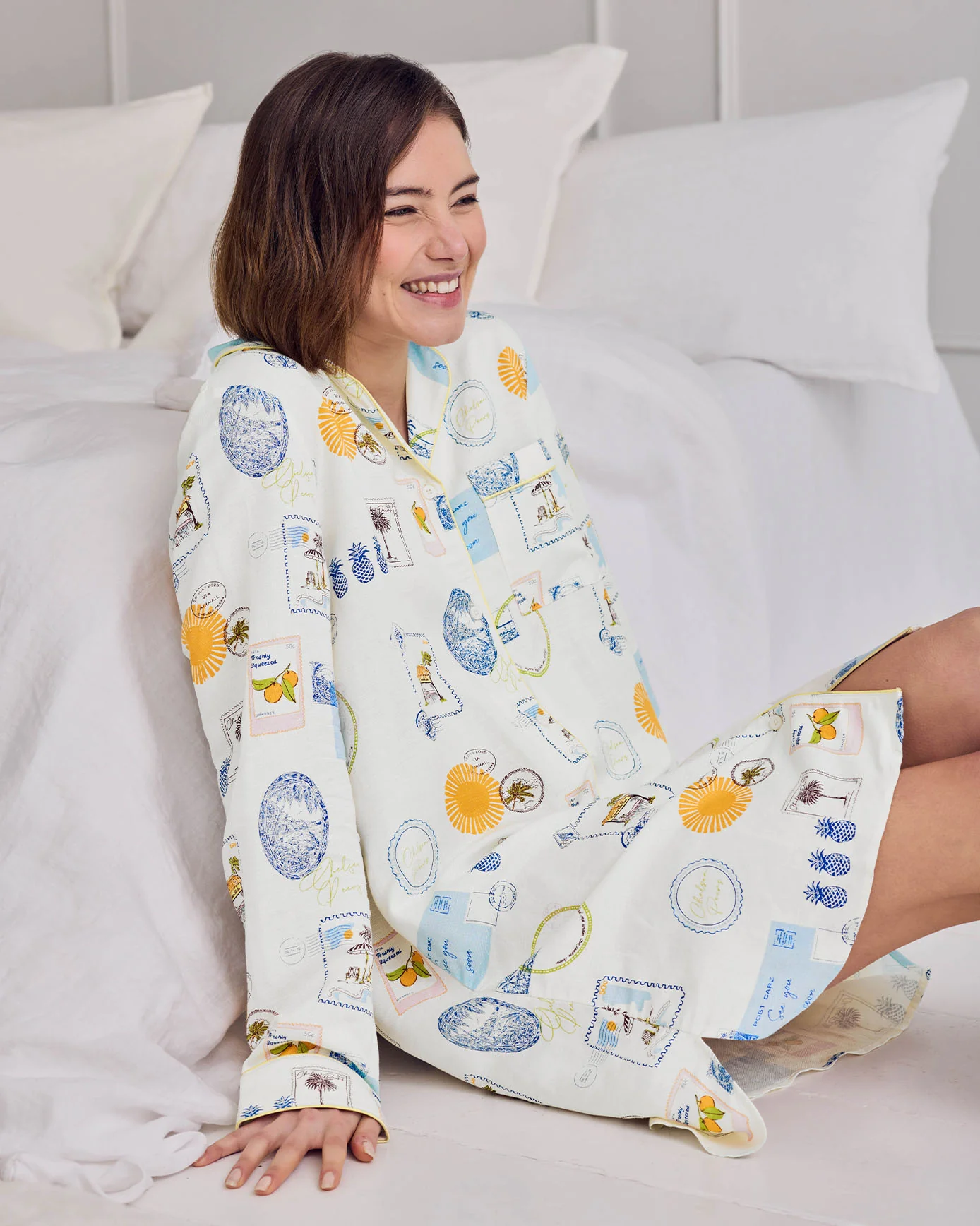 Linen Blend Scenic Stamps Print Nightshirt - Image 4