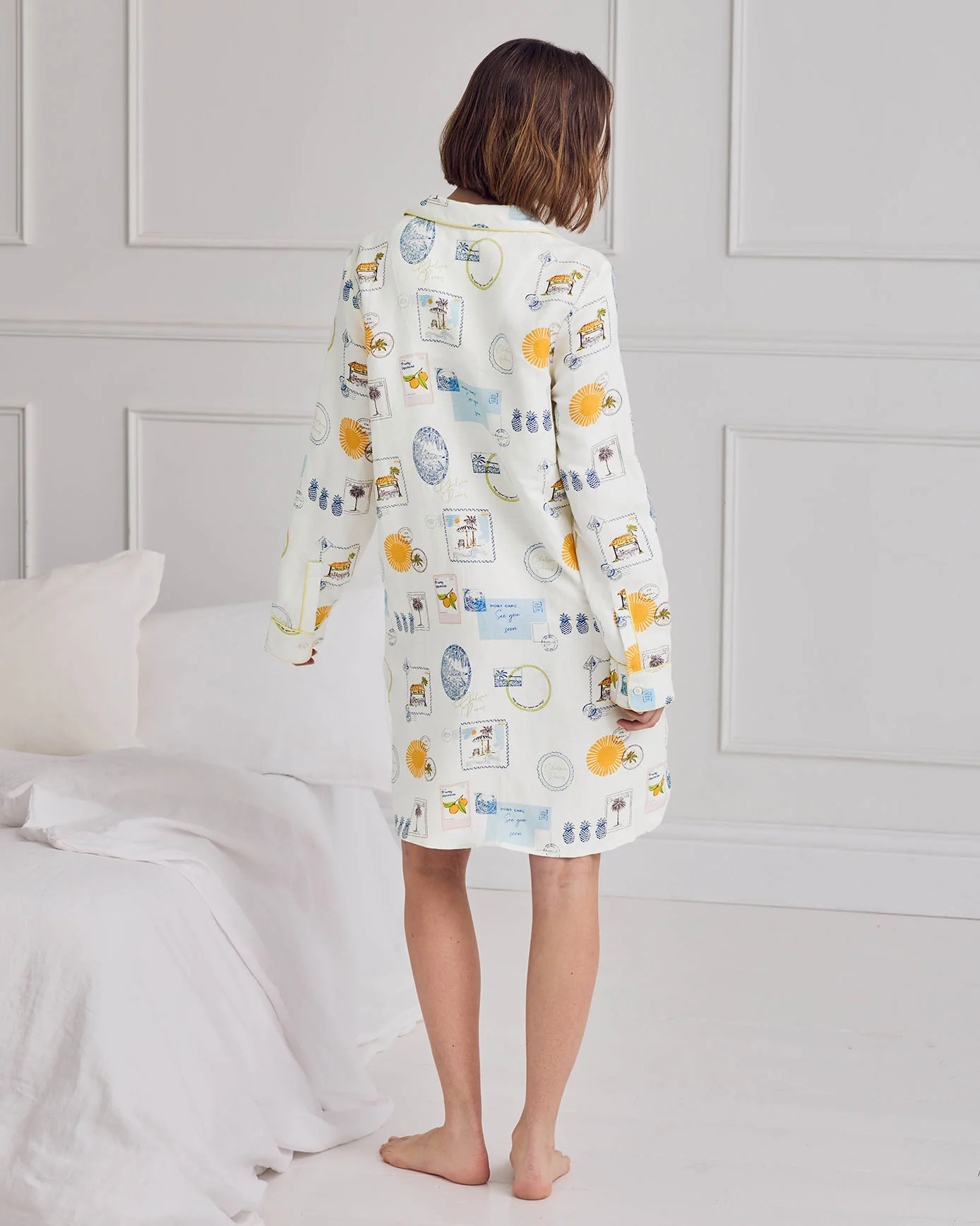 Linen Blend Scenic Stamps Print Nightshirt - Image 5