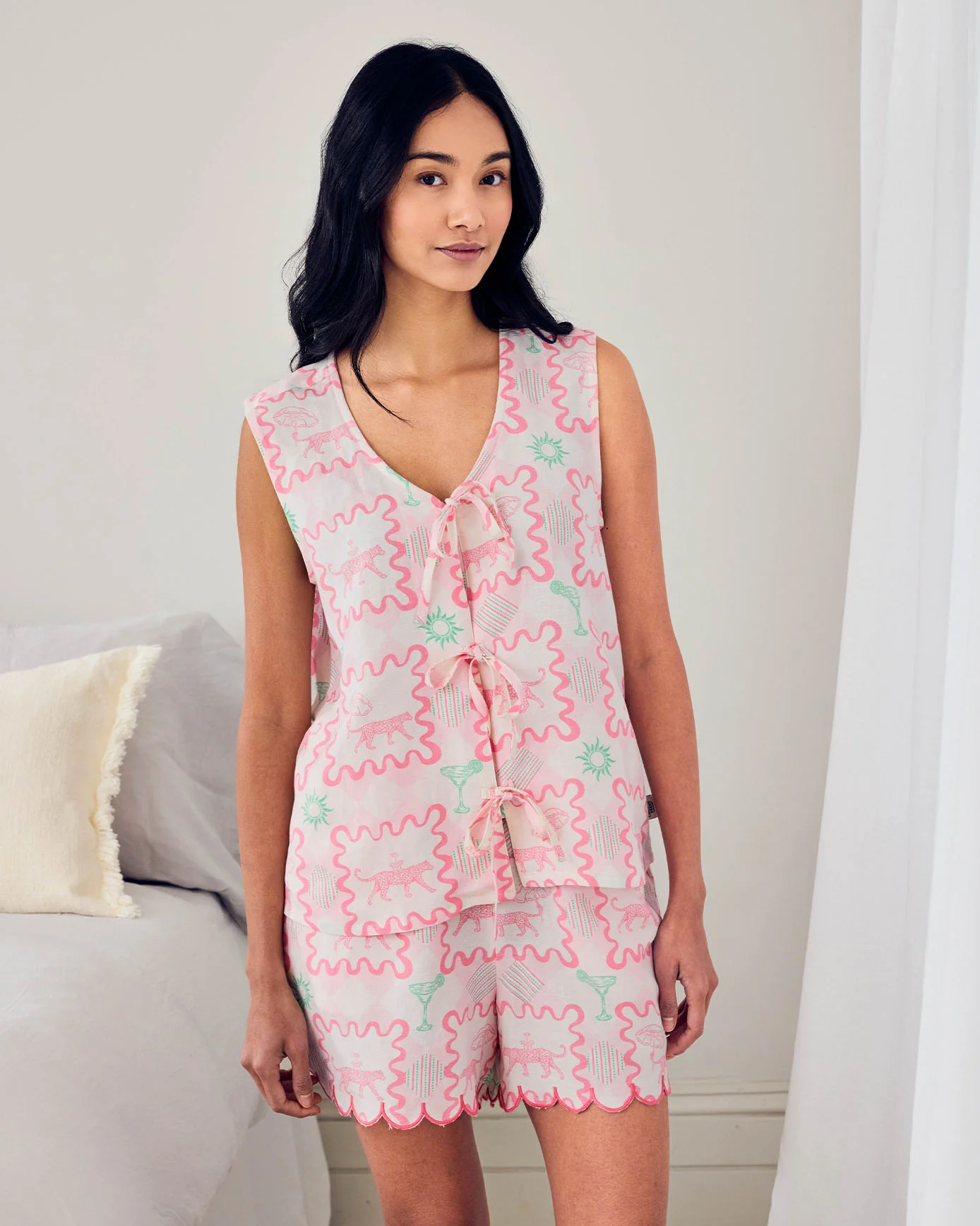Linen-Blend Tie Front Cami Cocktail Leopard Geo Print Short Pyjama Set - Image 7