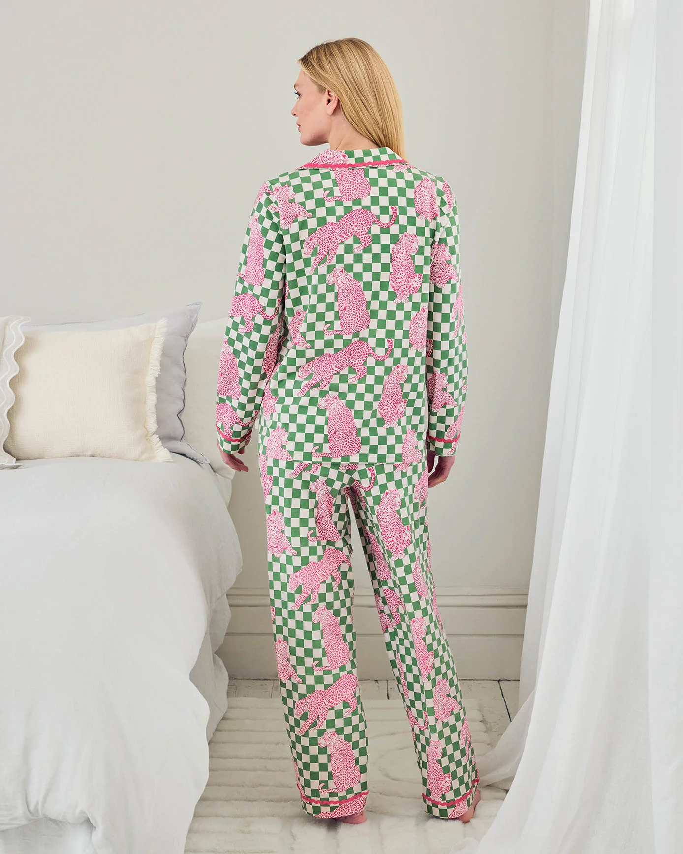 Maternity Organic Cotton Checkerboard Leopards Print Long Pyjama Set - Image 4