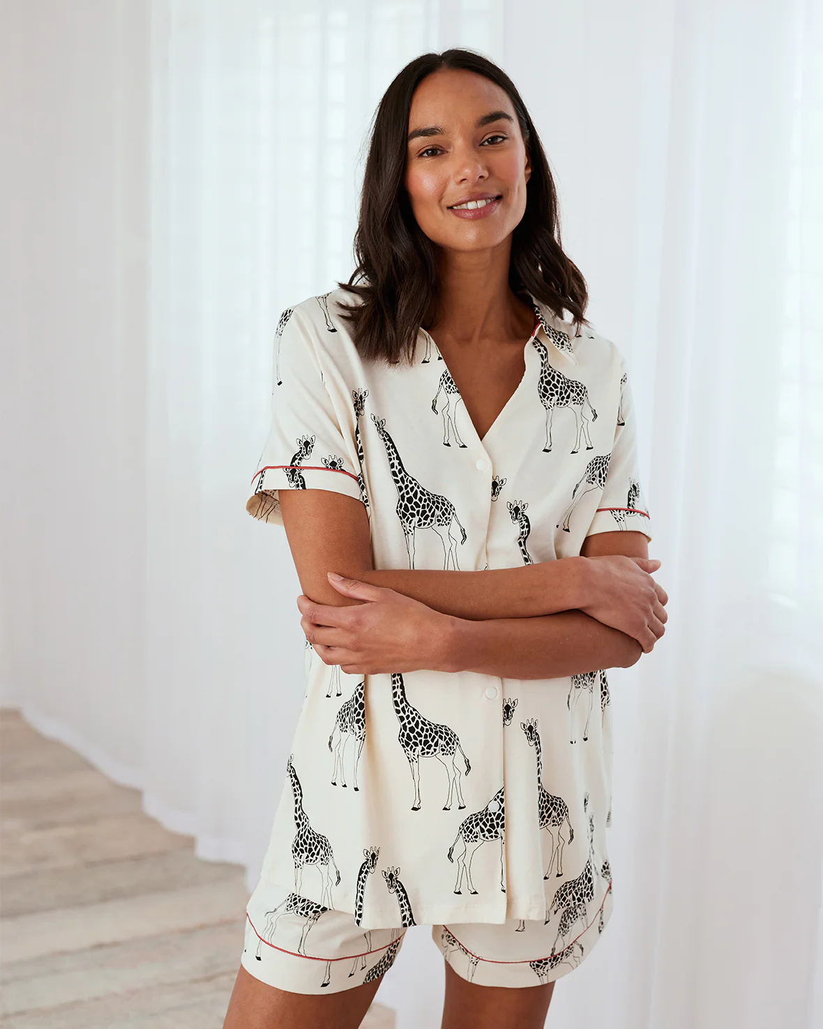 Maternity Organic Cotton Giraffe Print Short Pyjama Set - Cream - Image 3